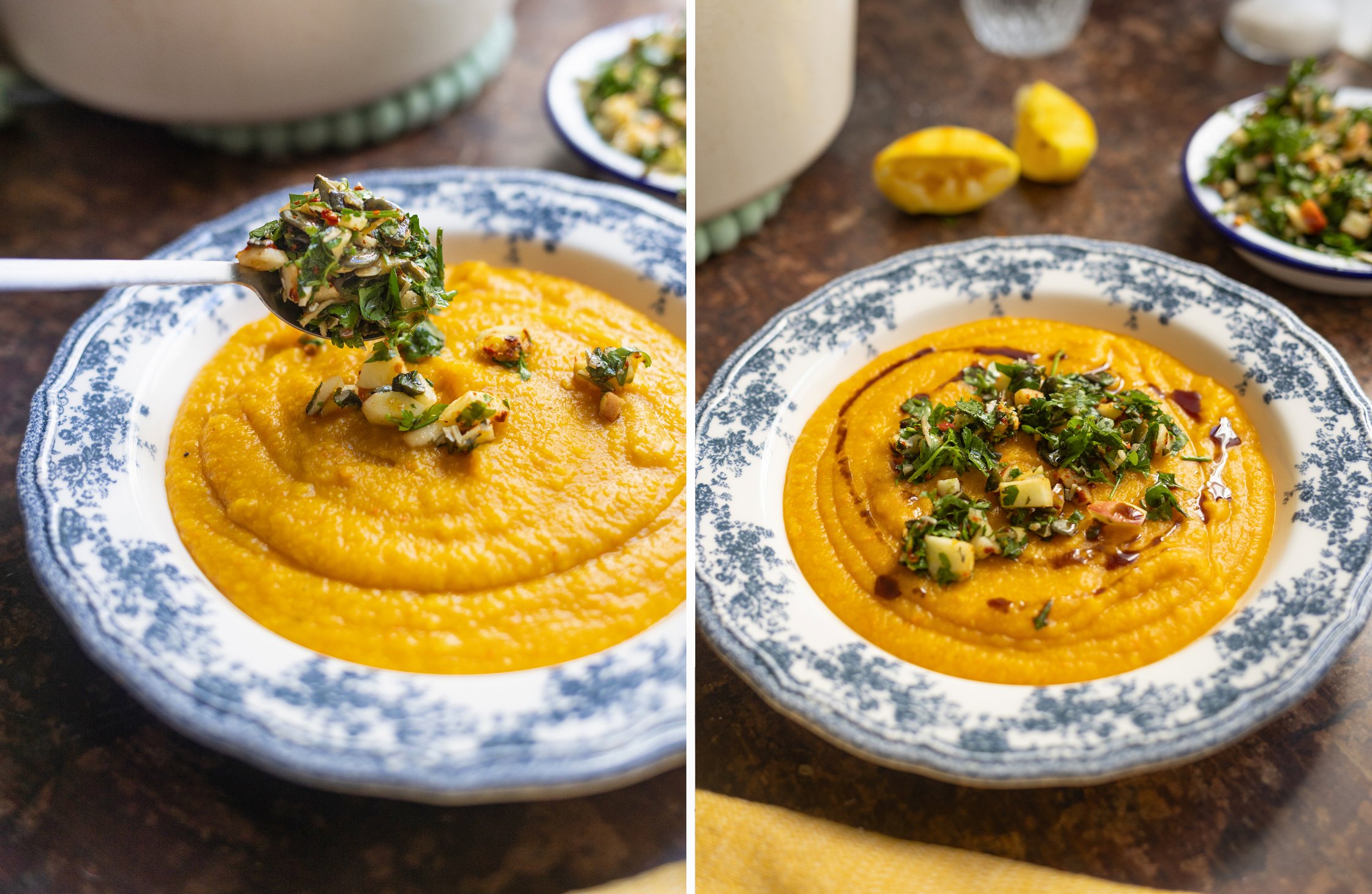 Links: Die Suppe wird mit dem Gremolata getoppt. Rechts: Die fertige Suppe wird in einer Schüssel serviert.