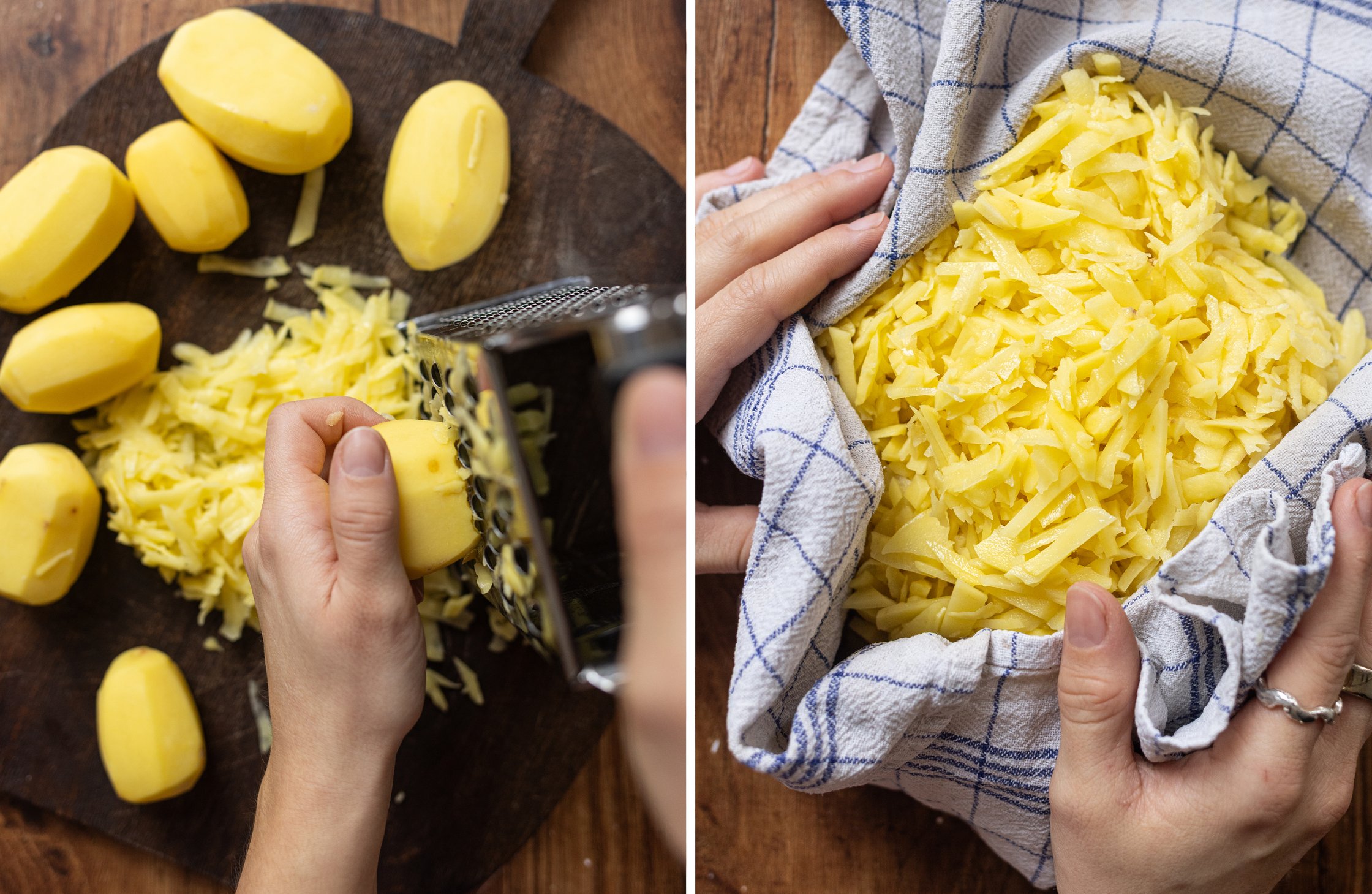 Zweigeteiltes Bild von Kartoffeln, die gerieben werden und den geriebenen Kartoffeln in einem Küchentuch