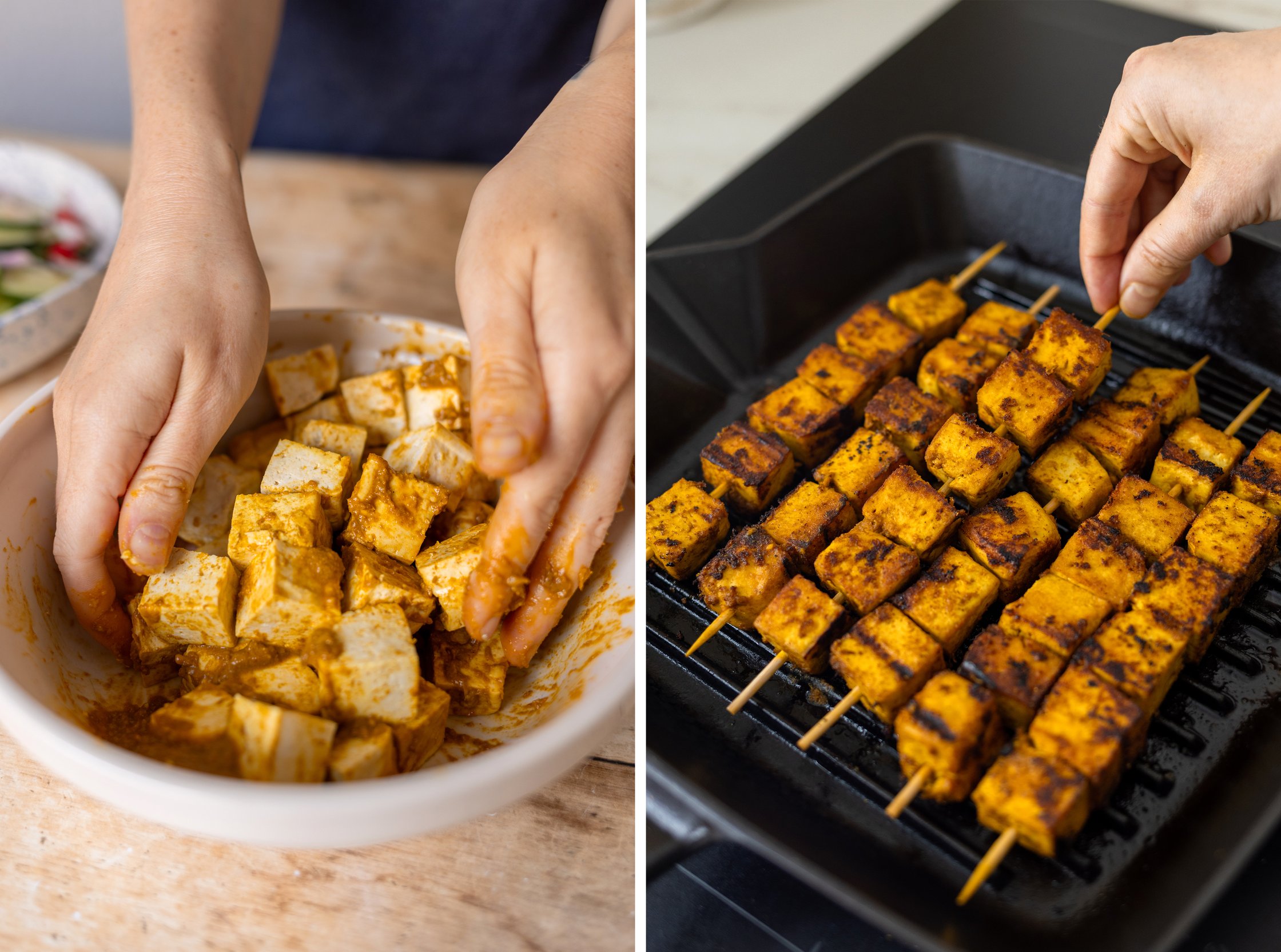 The tofu is marinated and fried.