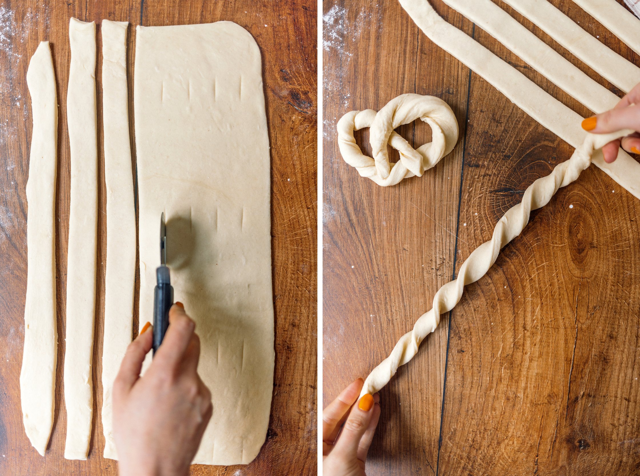 cutting vegan yeast dough into stripes