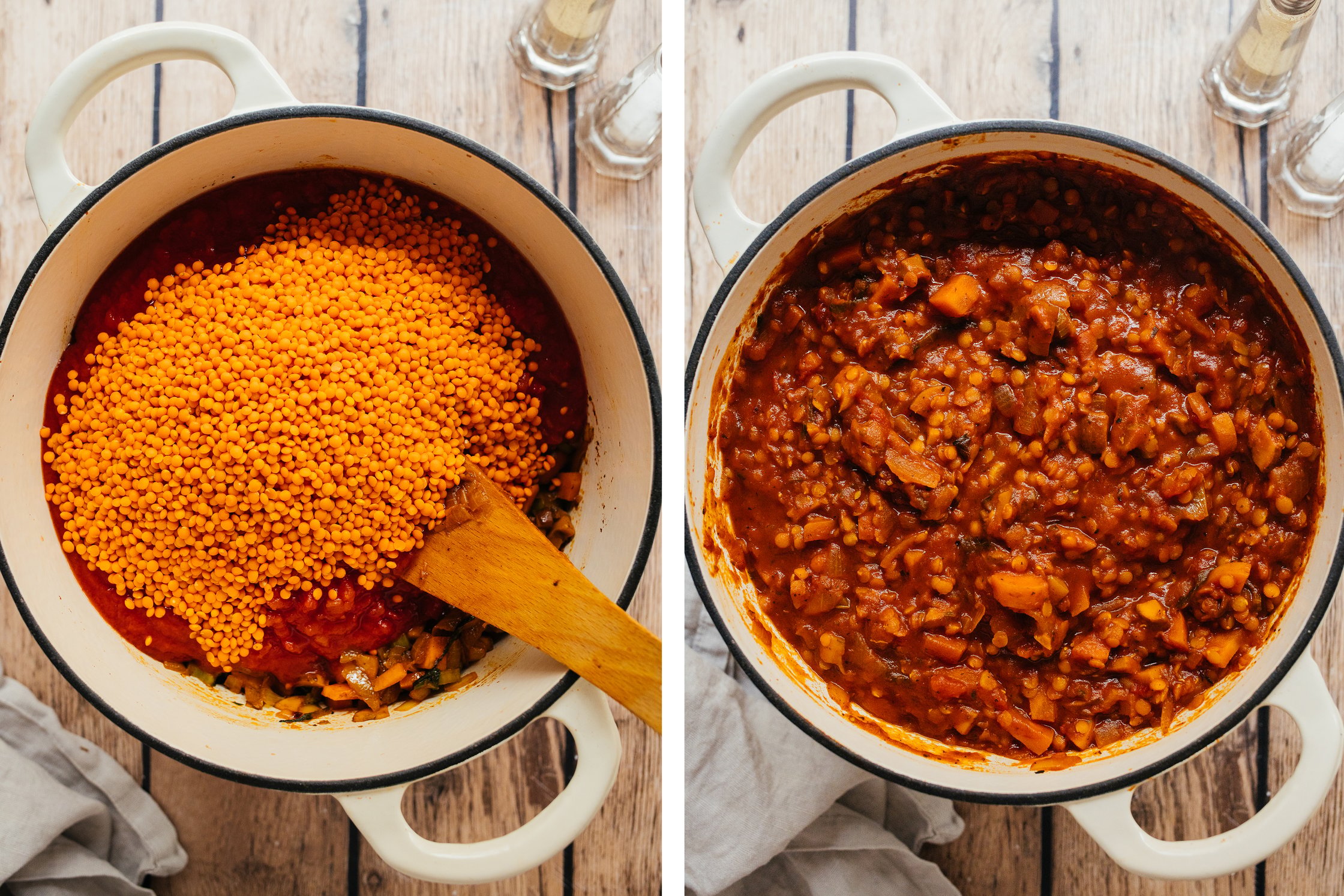 Linsen werden zur veganen Bolognese gegeben
