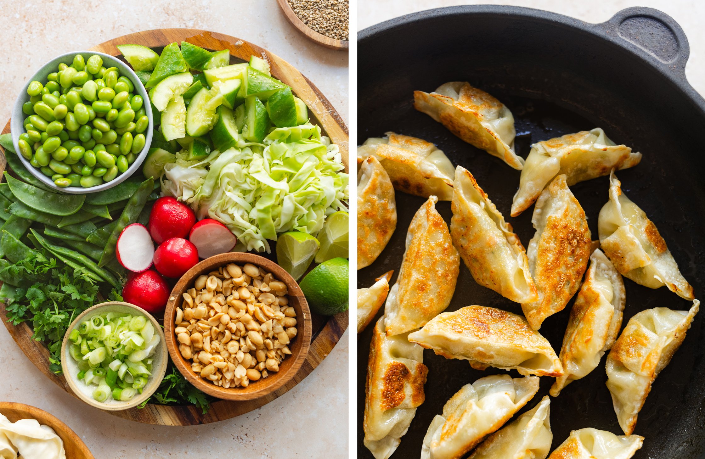 Zutaten für den Dumpling Salat; gebratene Dumplings in einer Pfanne