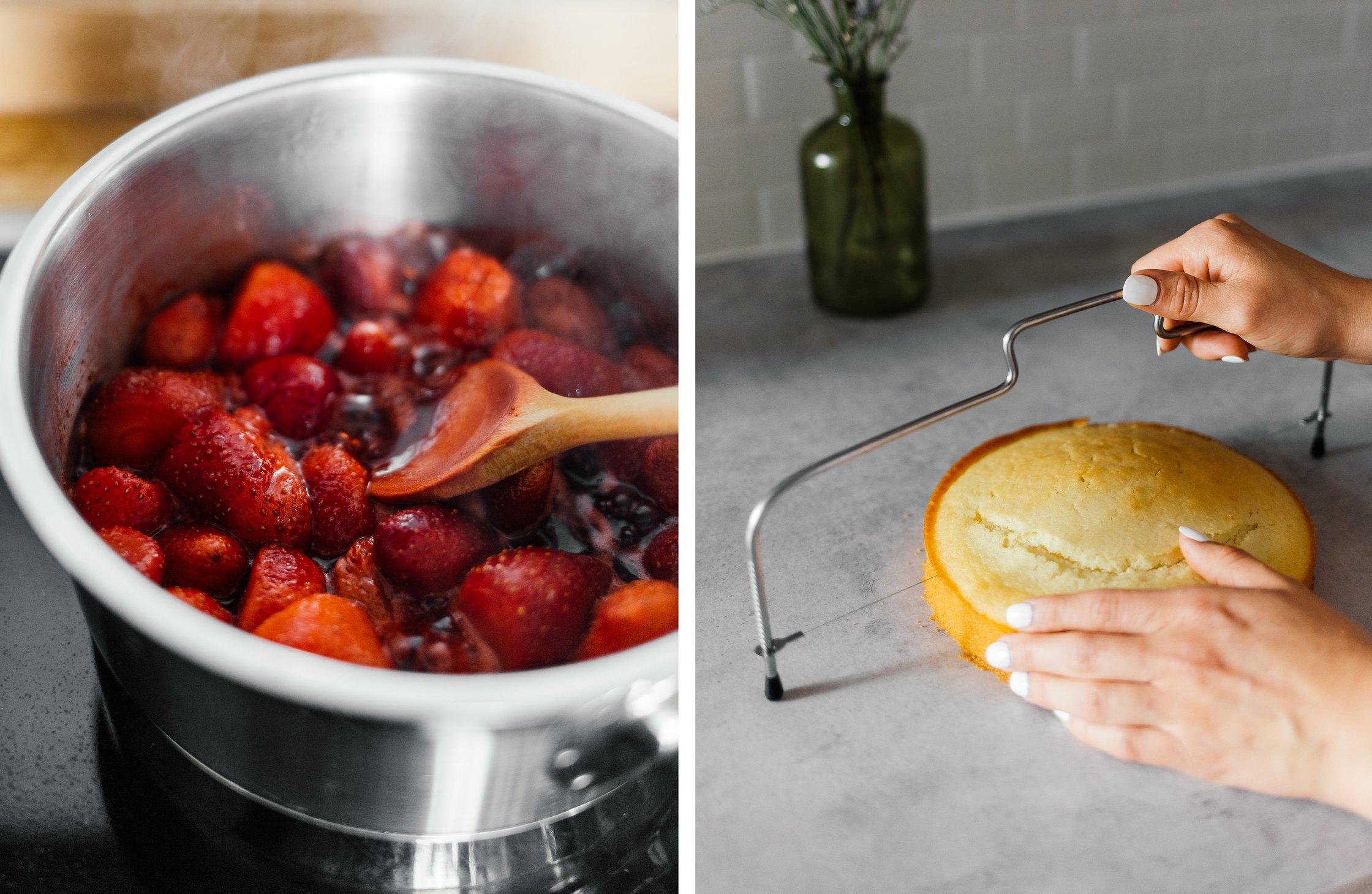 Erdbeersoße kochen; Kuchenboden begradigen