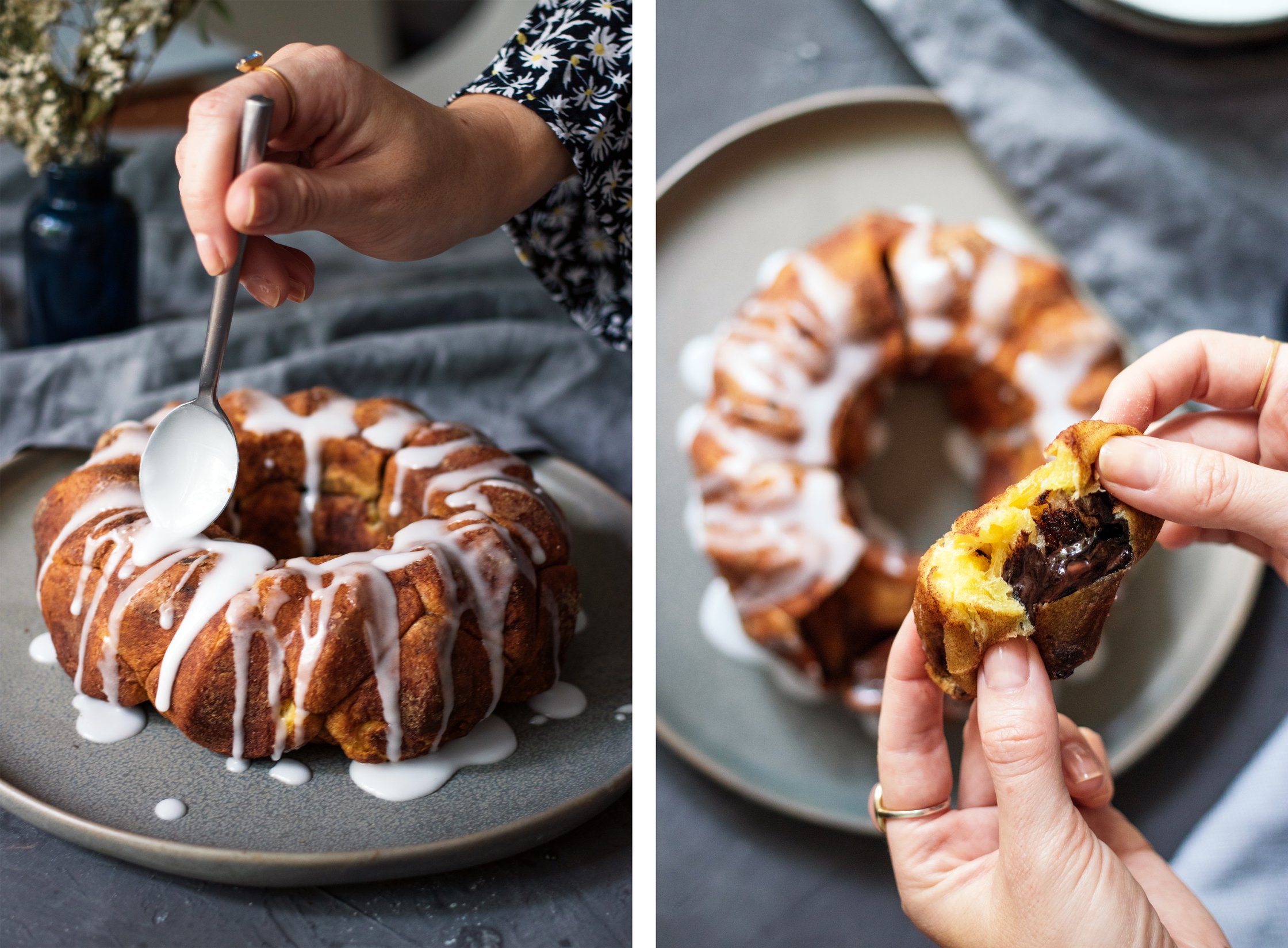 ein stück Veganes Croissant Monkeybread mit Schokoladenfüllung wird geöffnet