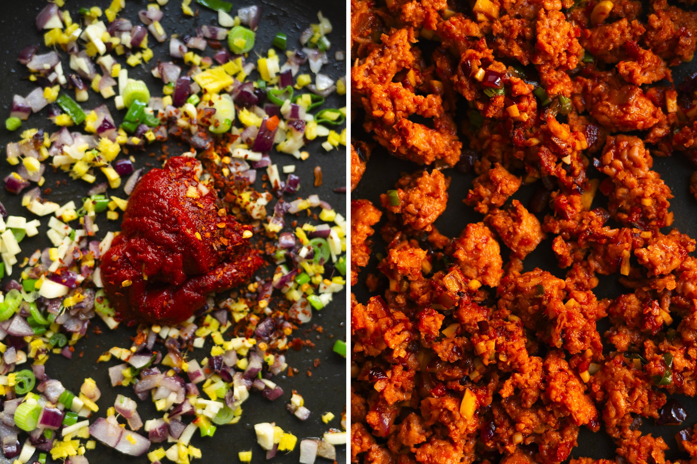 veganes Hack wird angebraten mit Zwiebeln, Knoblauch und Tomatenmark