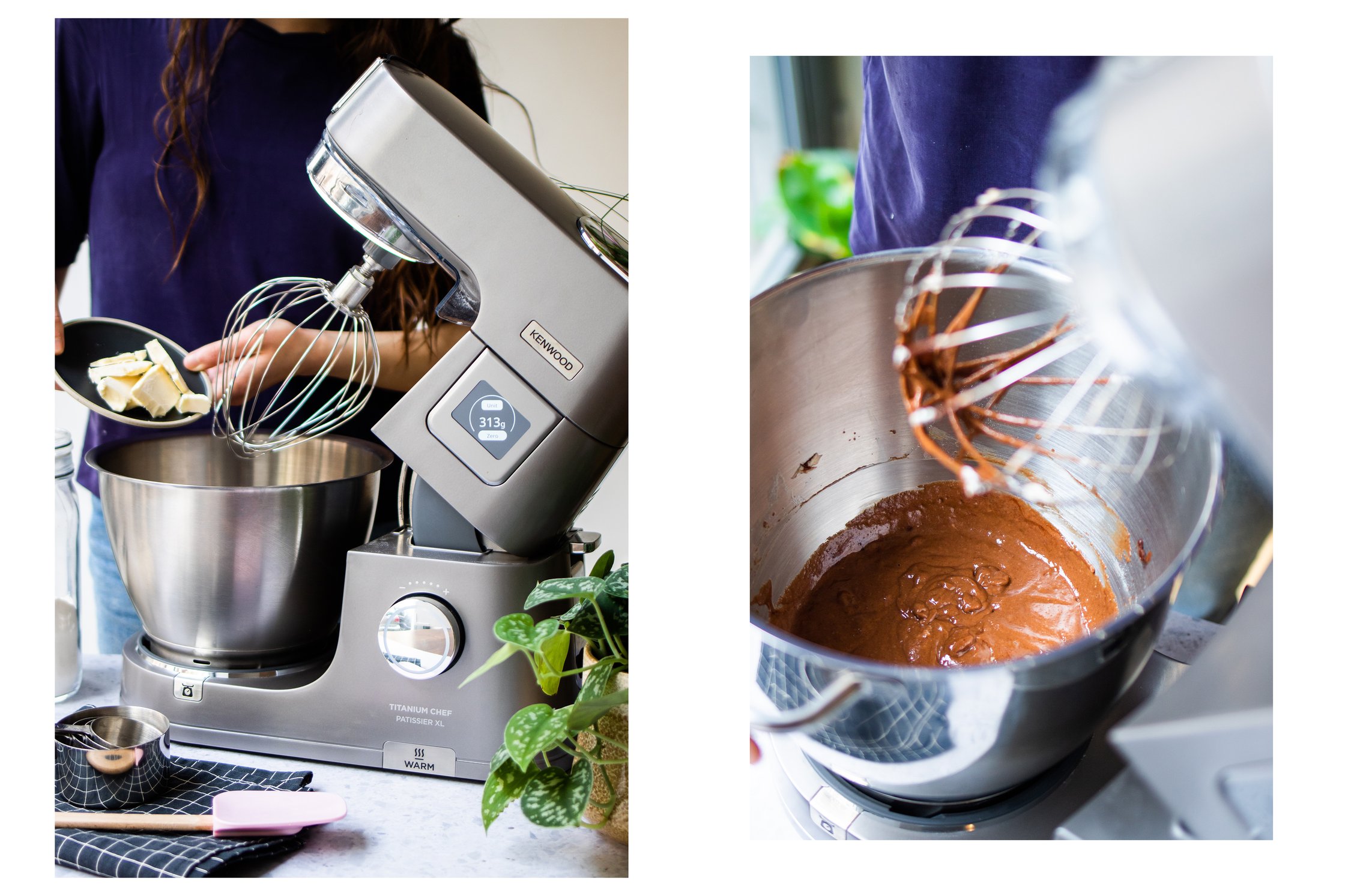 Küchenmaschine mit Butter und Schokoladenkuchenteig