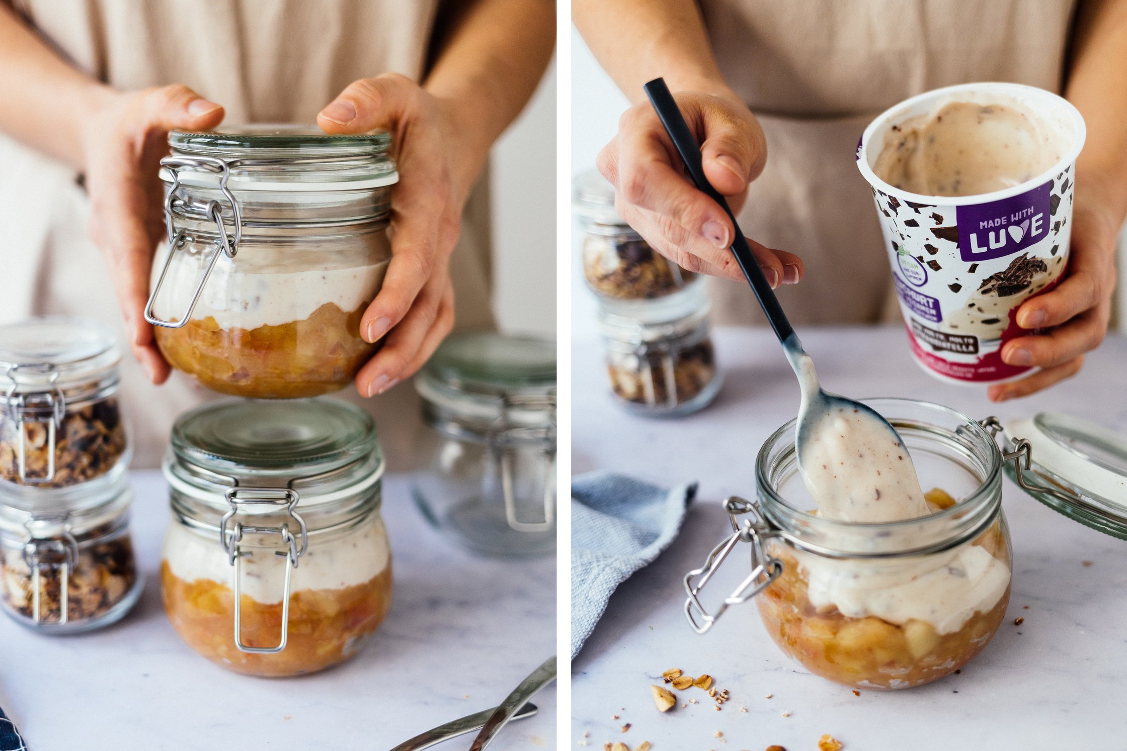 adding the vegan stracciatella yoghurt to a breakfast jar