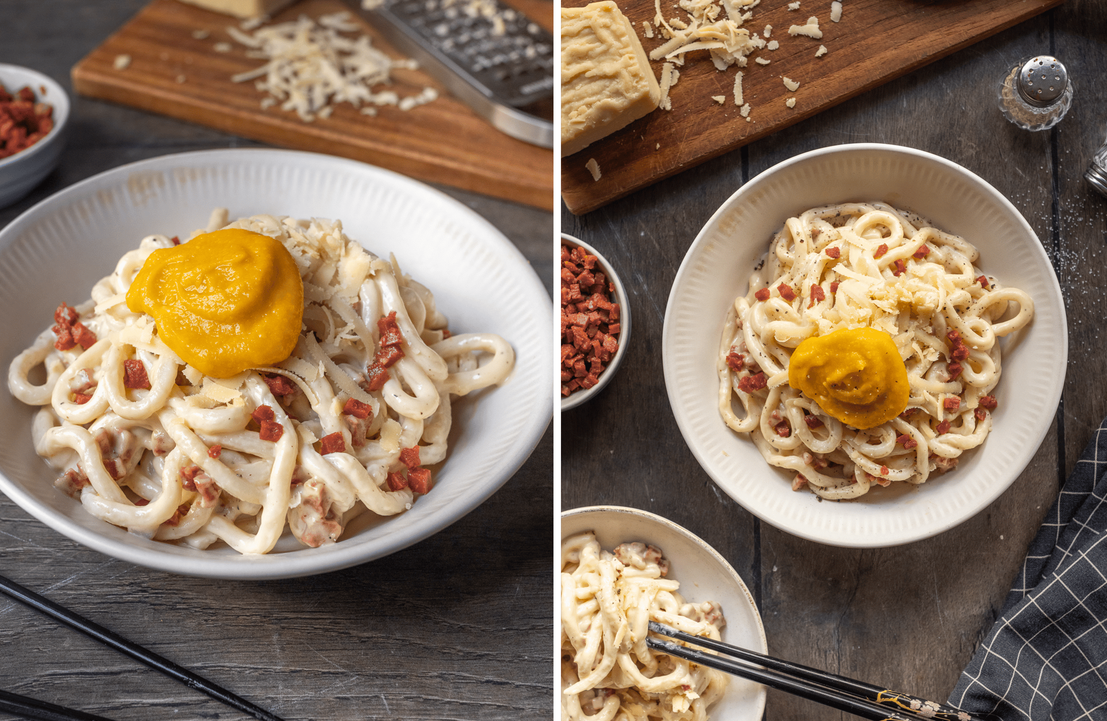 Nahaufnahme von der Udon Carbonara (hochkant)