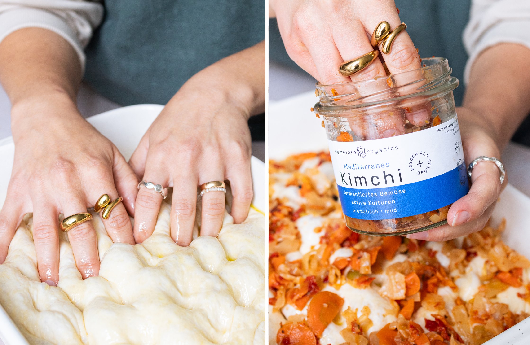 Zweigeteiltes Bild: Links: mit den Fingern werden Dellen in den Hefeteig gemacht. Rechts: Mediterranes Kimchi wird in die Del
