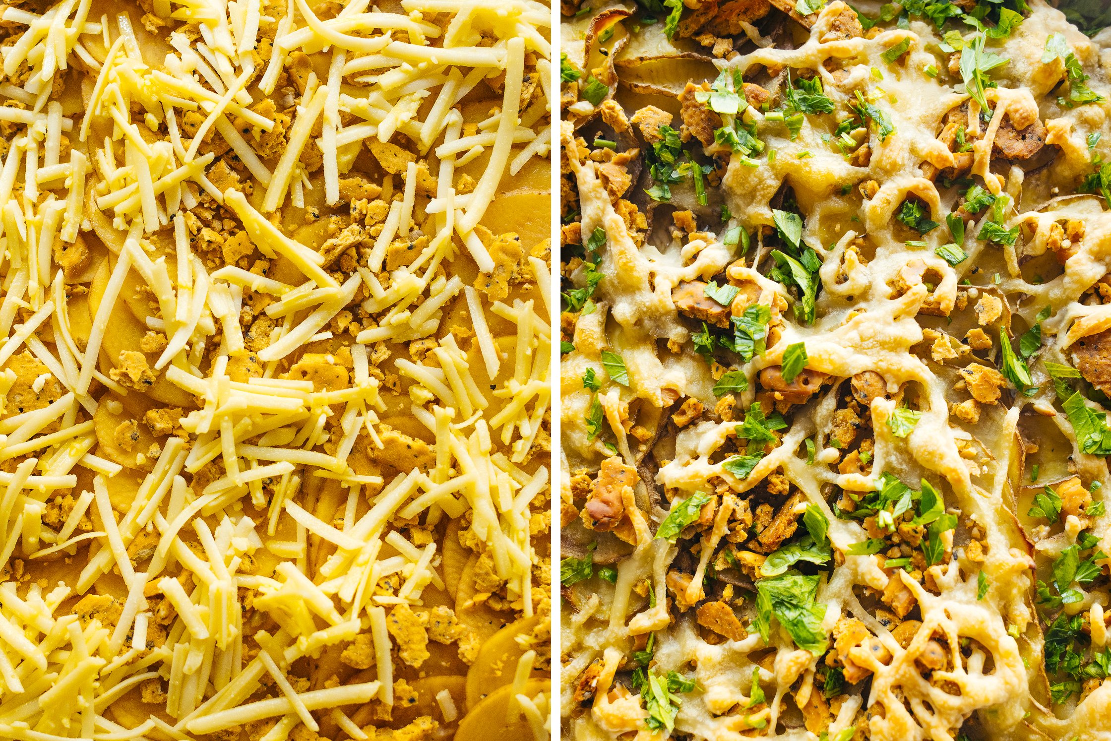 vegan gratin potatoes before and after baking