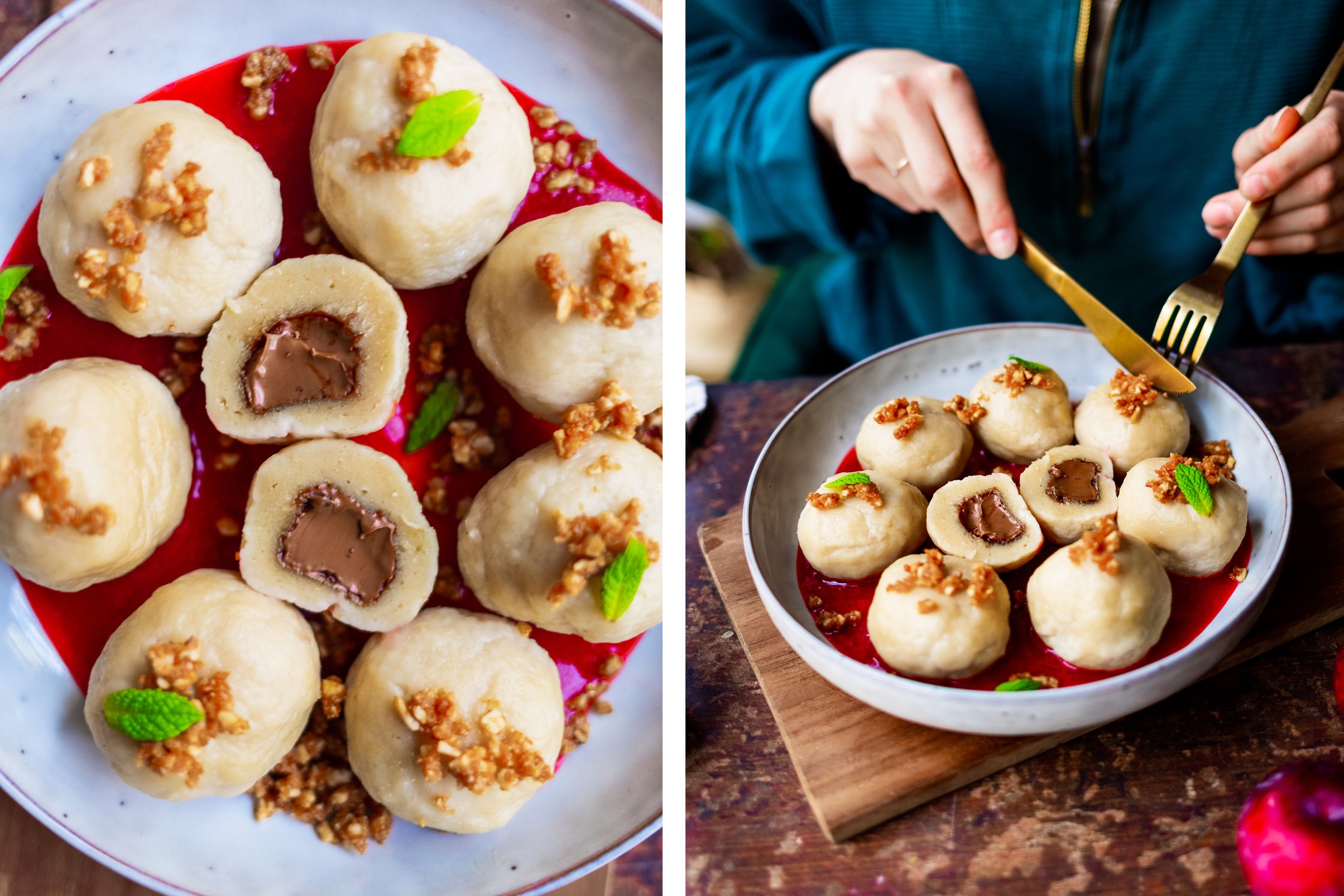 Vegane Nougatknödel mit Pflaumensoße werden sind auf einem Teller angerichtet und werden gegessen.