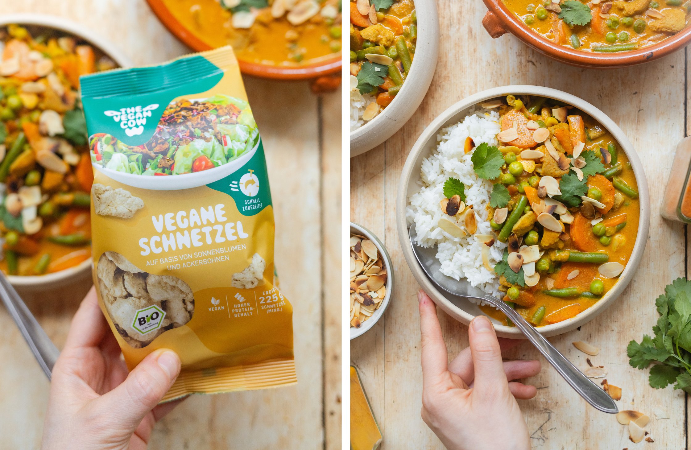 vegan schnetzel from the vegan cow; ready-made vegan korma with rice and vegetables