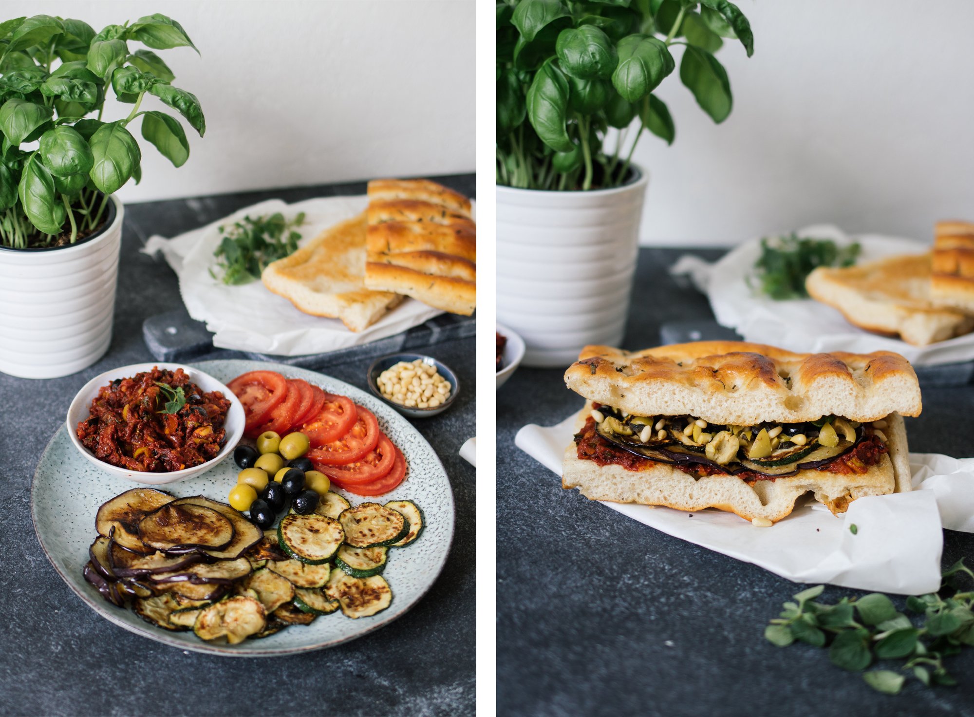 focaccia sandwich before and after