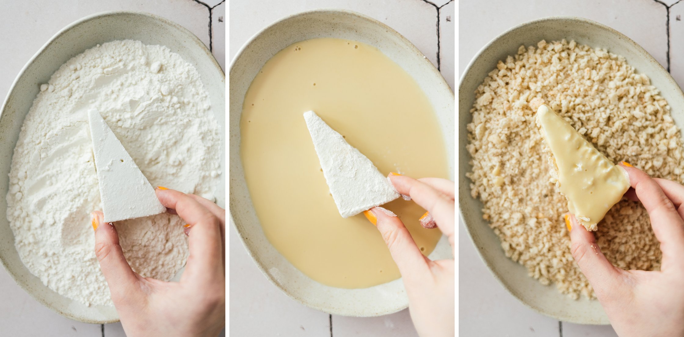 breading plant-based feta cheese
