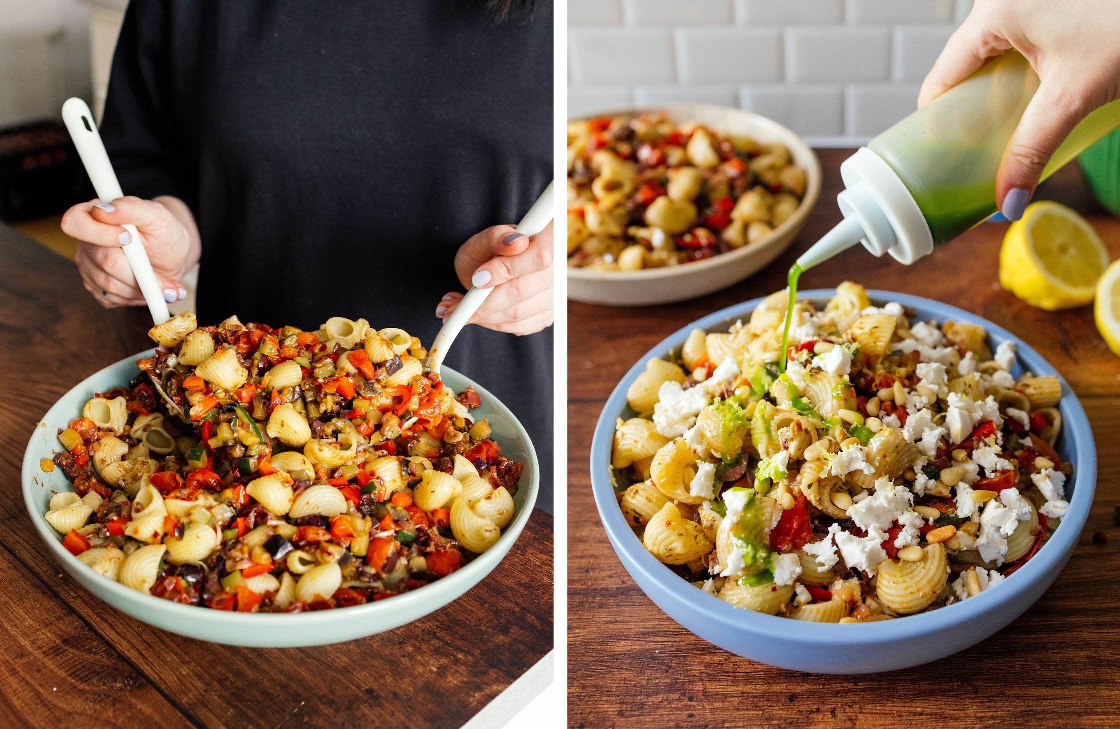 Nudelsalat verrühren und mit Basilikumöl toppen