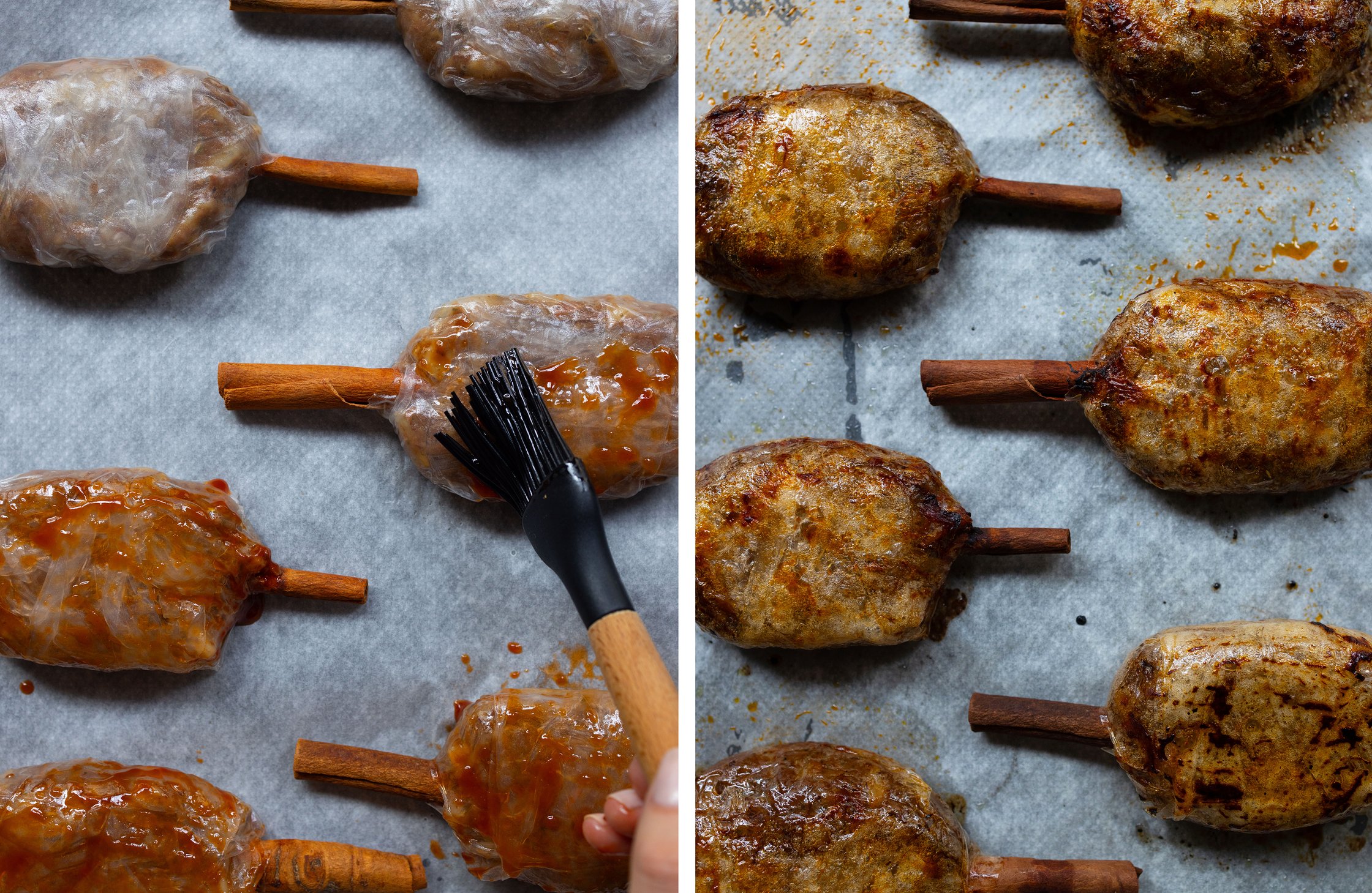 links: Keulen werden mit Marinade bestrichen rechts: fertige Keulen auf Backblech