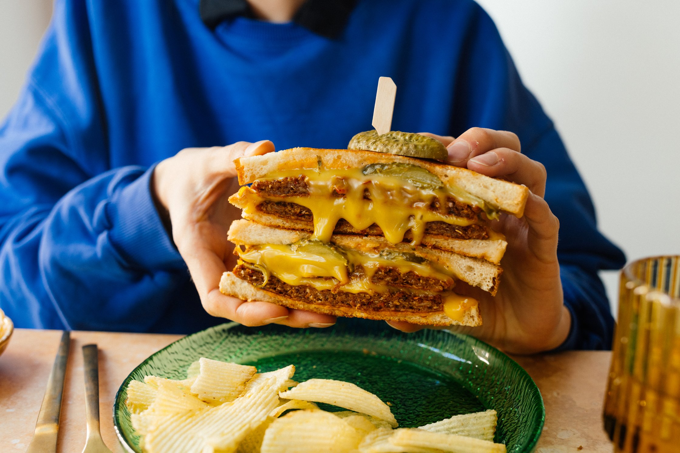 vegan grilled cheese burger with melted cheese