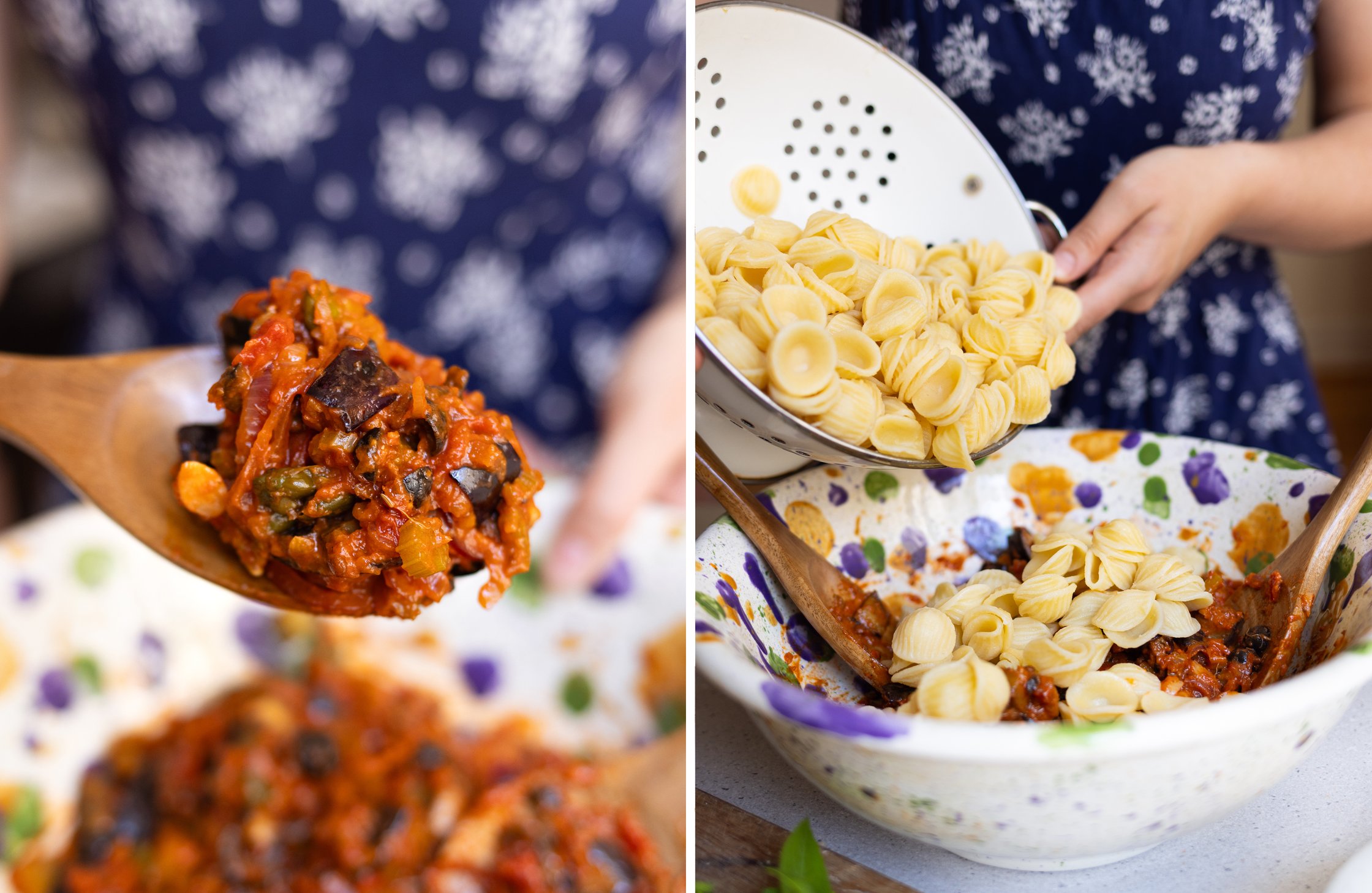 Die Caponata wird in die Kamera gezeigt und die gekochten Nudeln werden in d