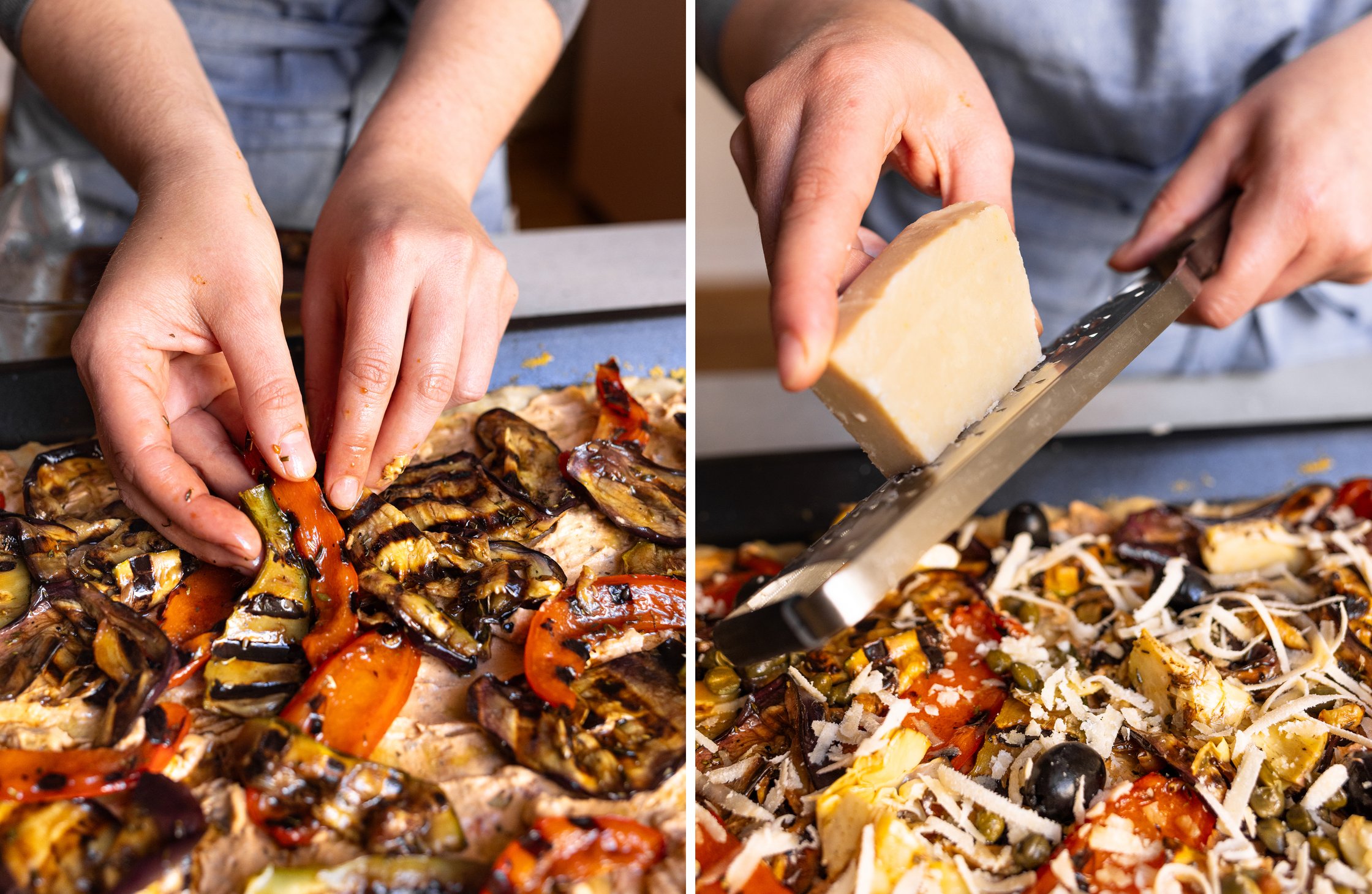 The vegetables are spread over the pizza, so is the vegan parmesan cheese.
