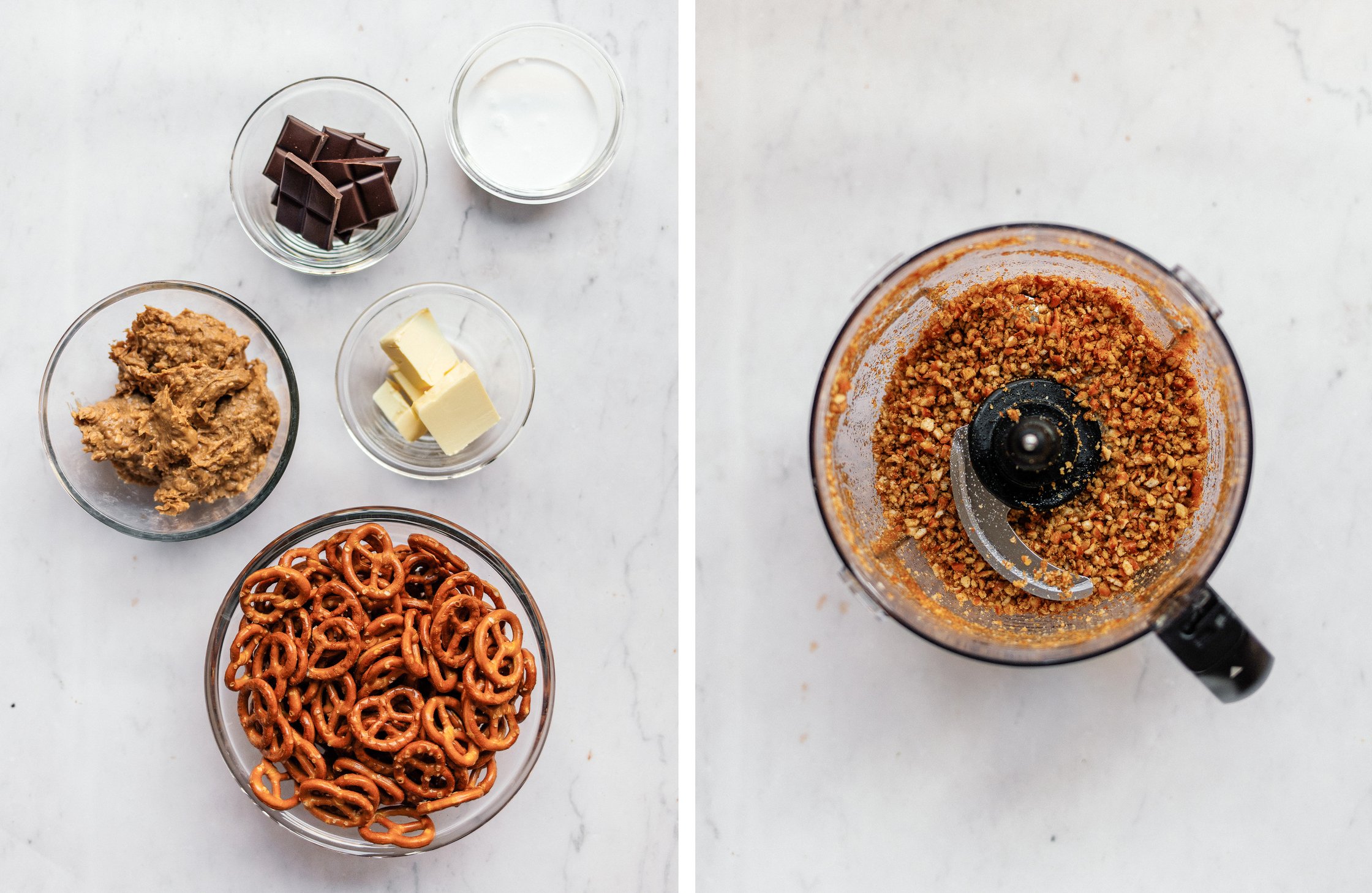 fünf Zutaten für vegane Brezel-Schokoladen-Tarte; Brezel im Mixer zerkleinern