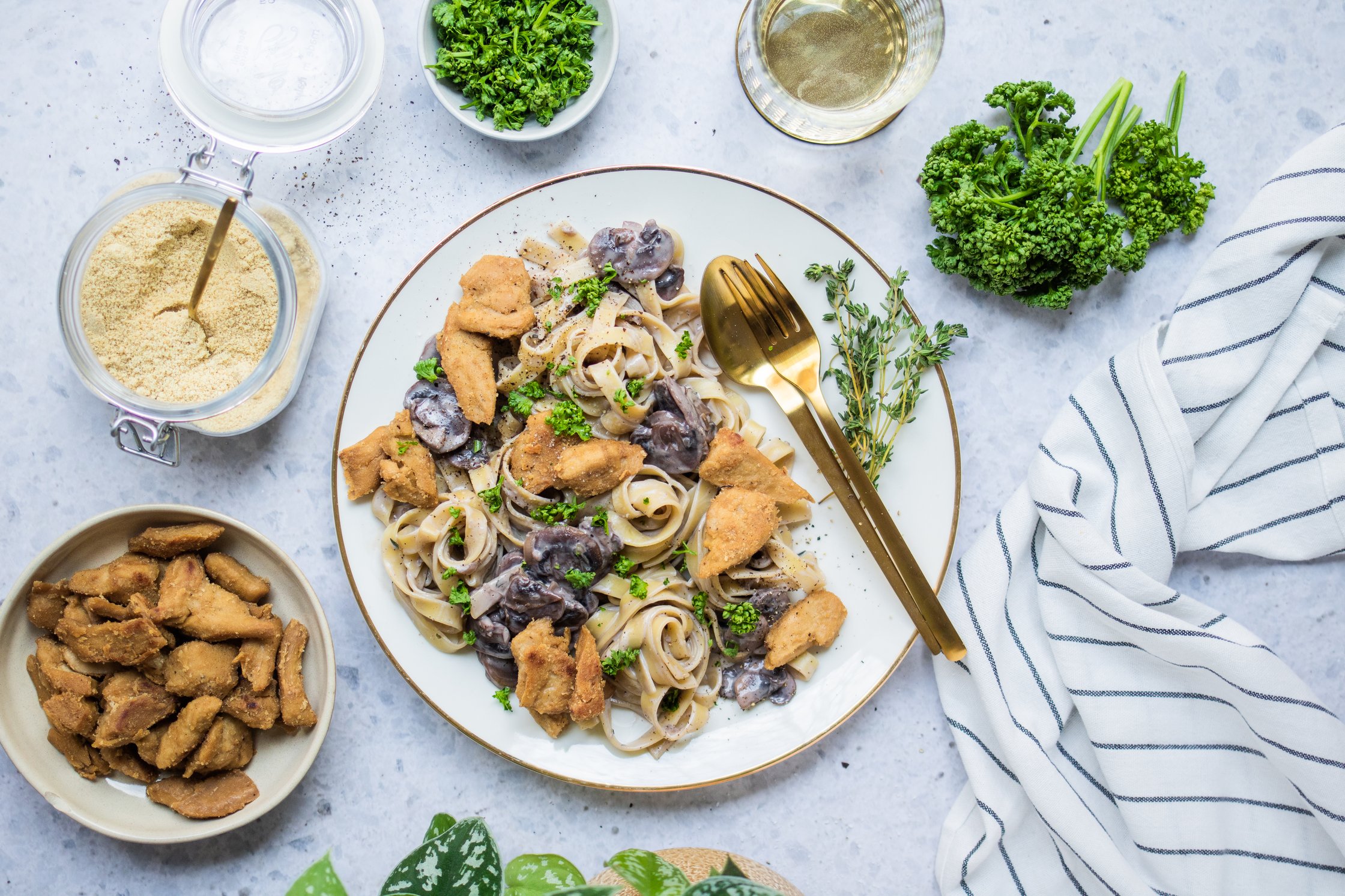 Pasta with vegan Chicken on a Plate