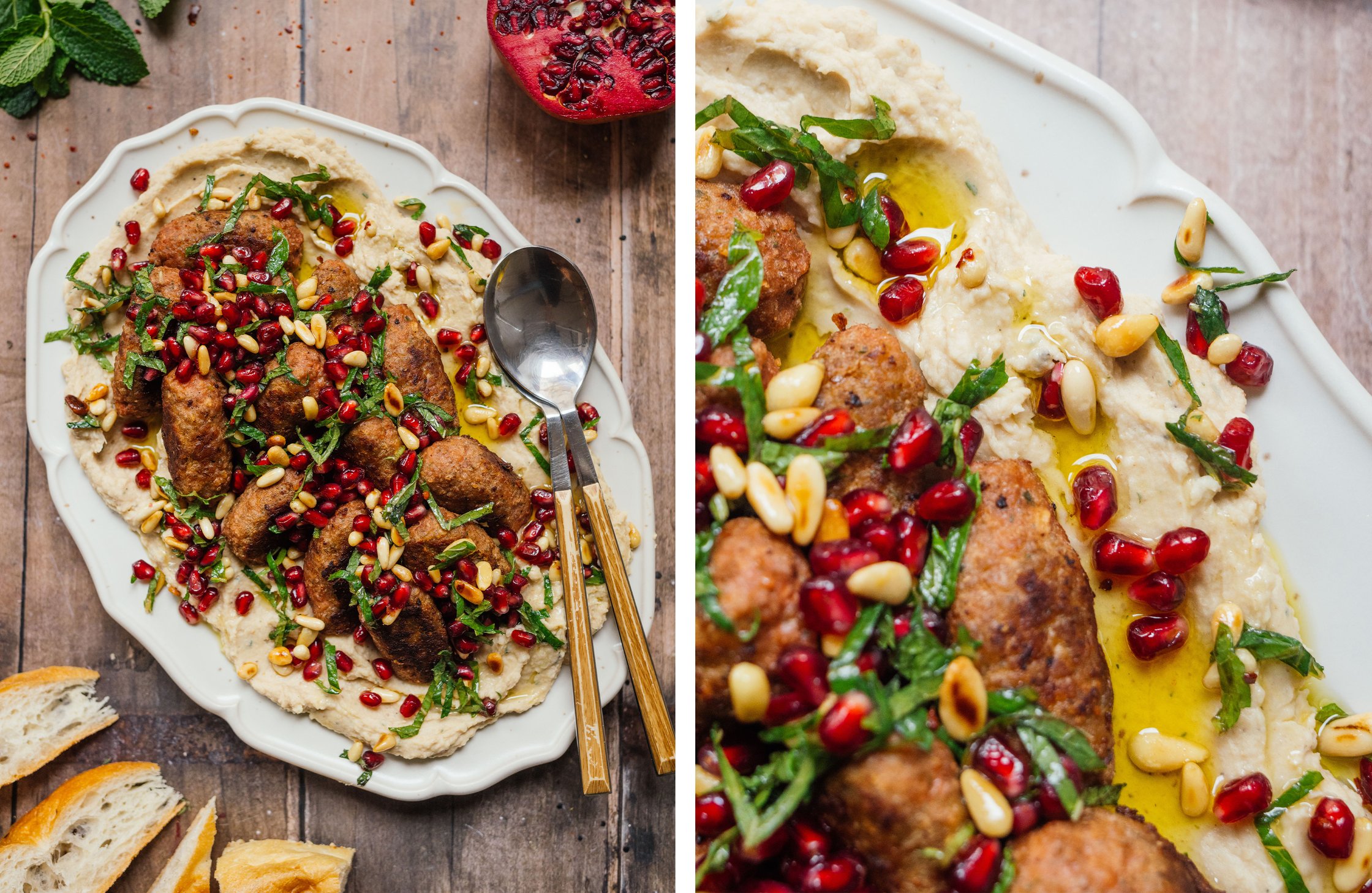 vegan kofta on white bean puree with pomegranate topping served on a platter