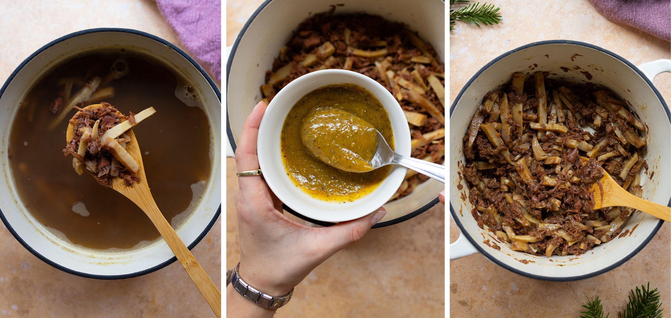 links: Kochlöffel über Topf mit Seitan und Jackfruit in Gemüsebrühe mittig: Löffel in Schale mit Marinade rechts: Topf mit ma