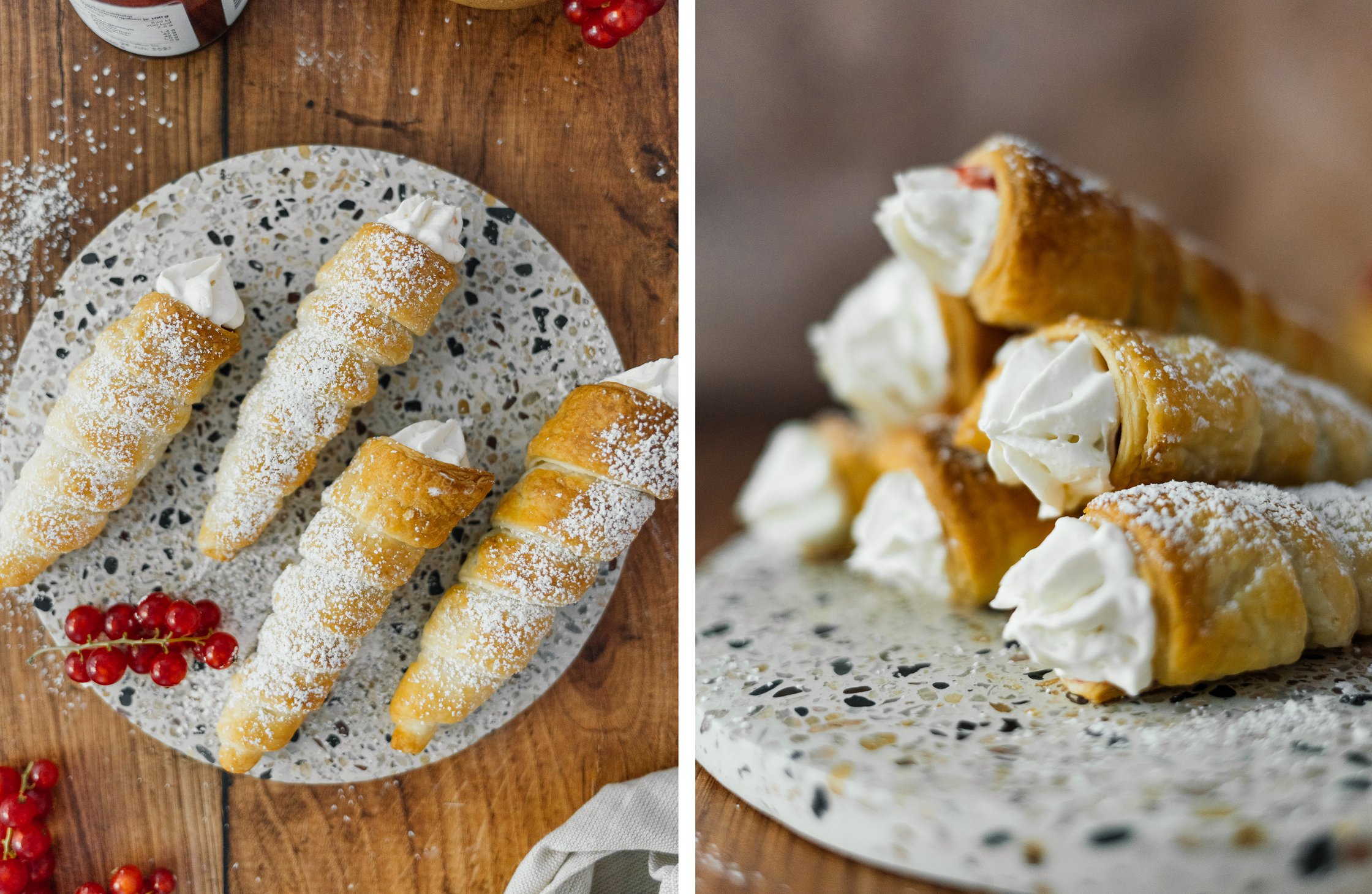 sweet vegan puff pastry rolls with red currants and cream