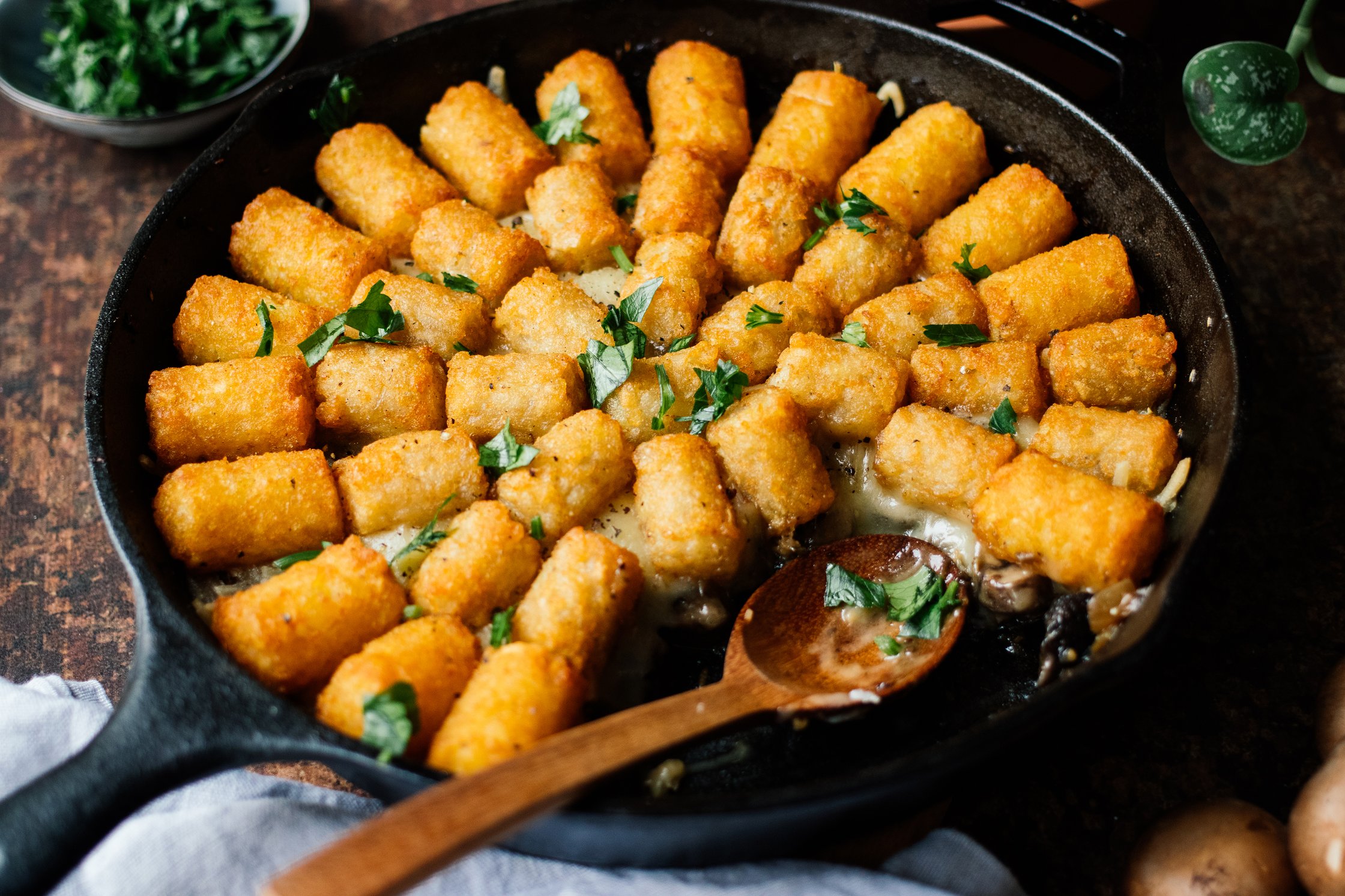 Vegan Tater Tot Casserole with Mushrooms served