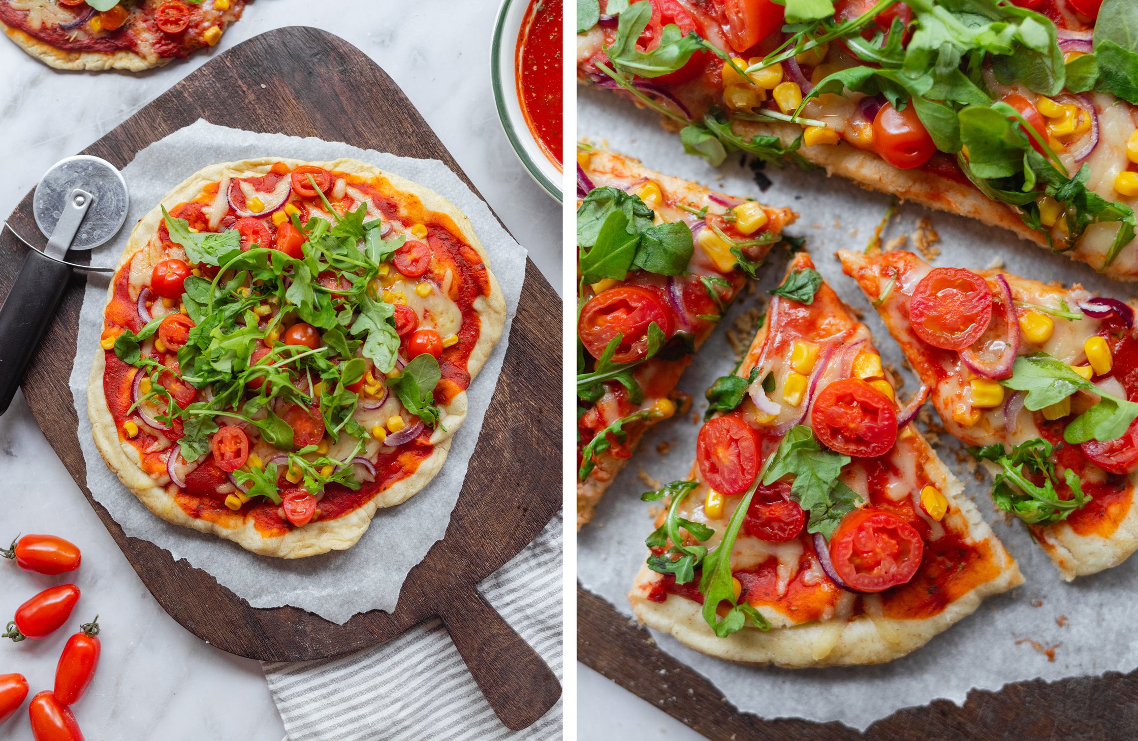 pizza decorated with rocket; close-up of pizza slices