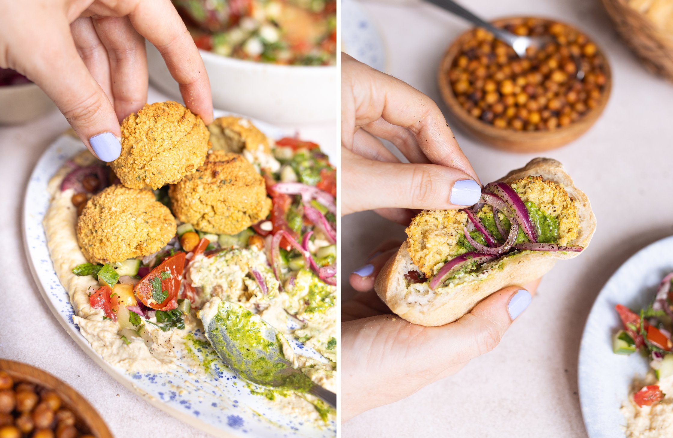 A hand picks up a falafel from the plate and a flatbread filled with hummus and falafel.
