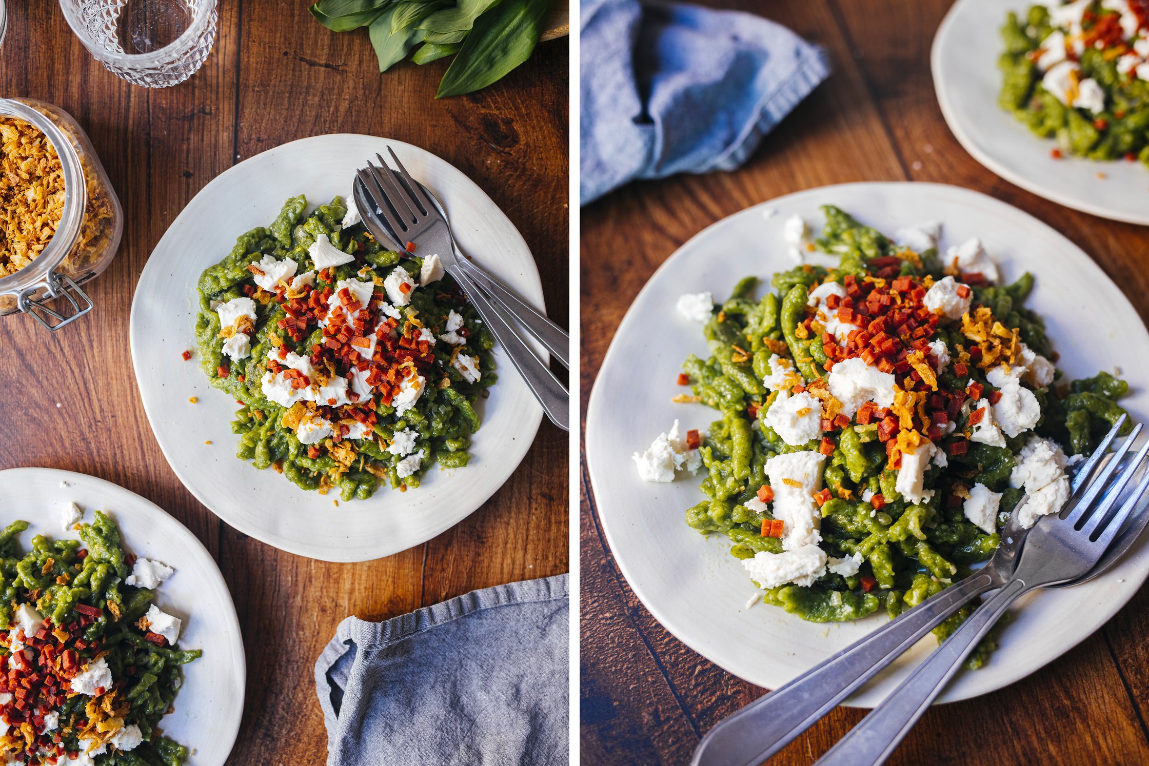 serving vegan wild garlic spaetzle with bacon and fe
