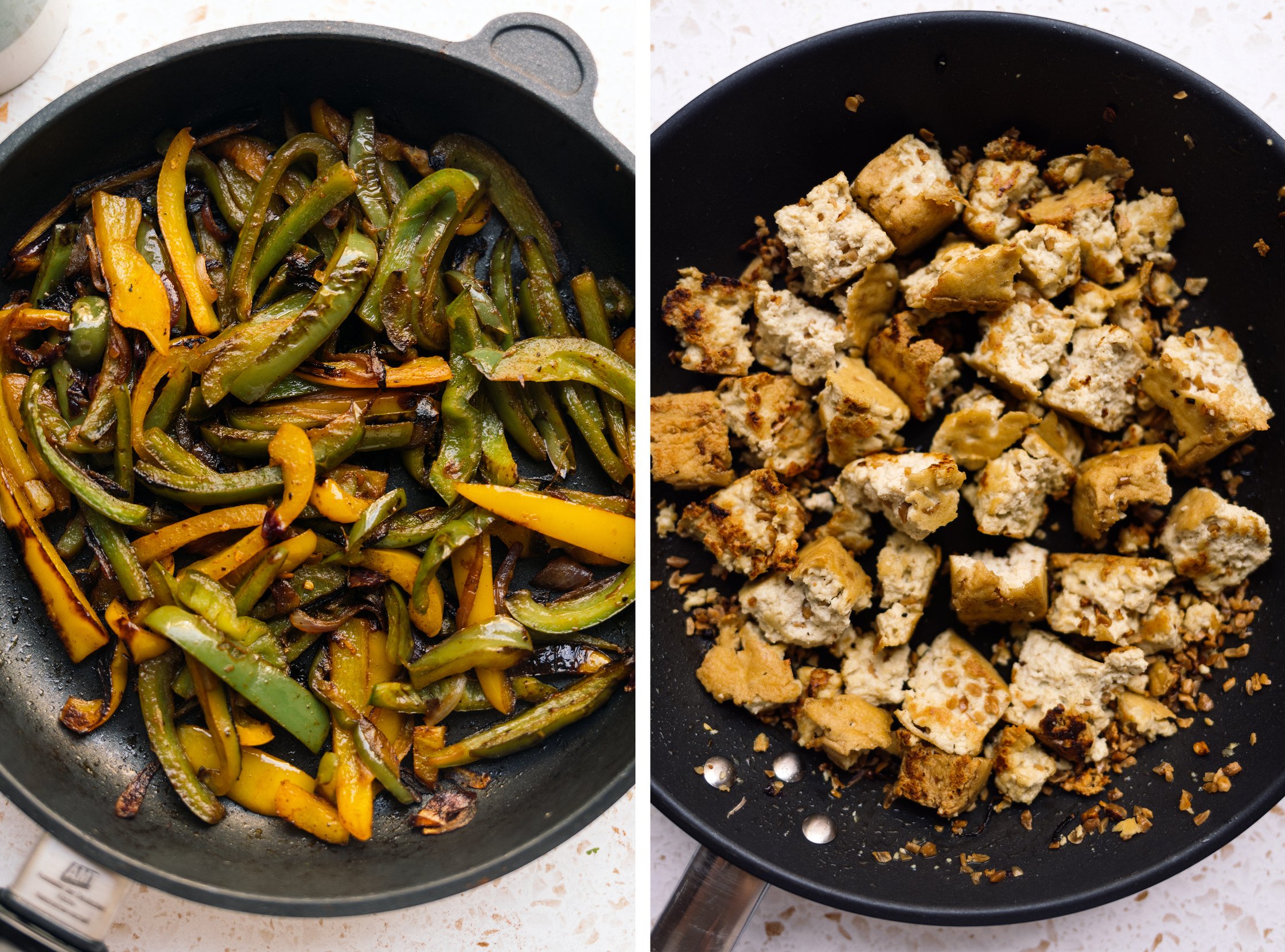 bell peppers and peanut tofu in a frying pan