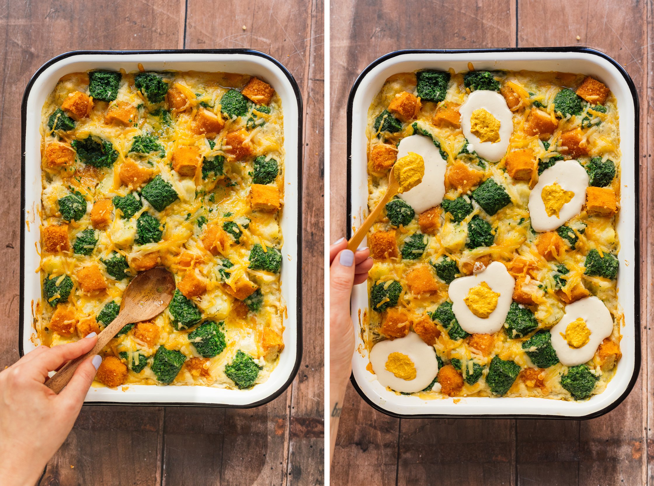 vegane eier auf einen Veganen Kartoffel-Spinat-Fischstäbchen-Auflauf geben