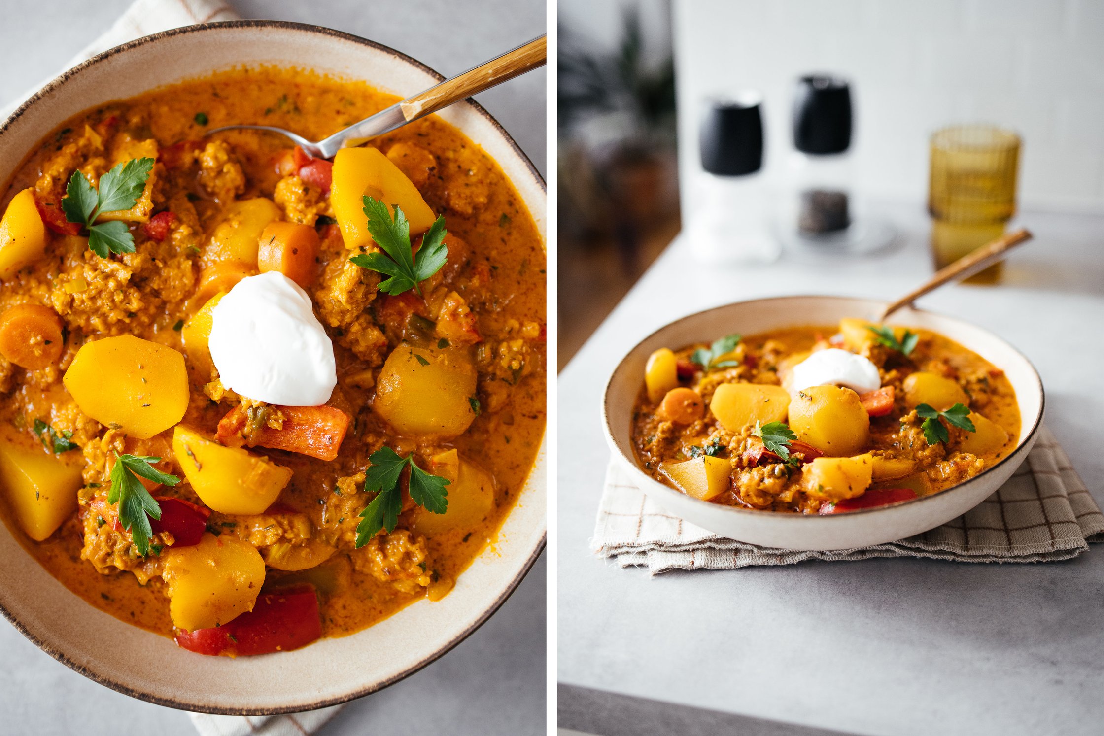 a bowl filled with vegan stew standing in a kitchen