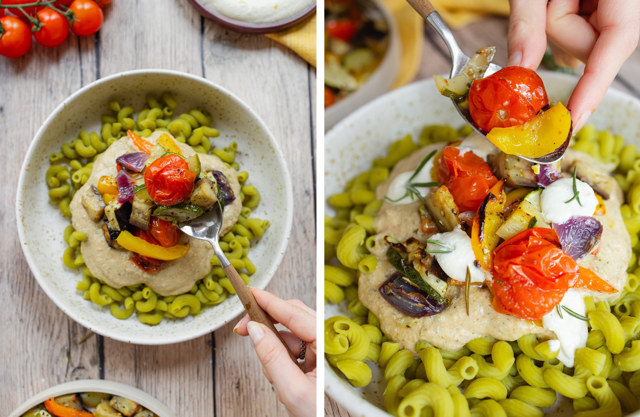 vegane Ofengemüse-Pasta mit Zitronen-Ricotta-Creme wird auf einem tiefen Teller angerichtet