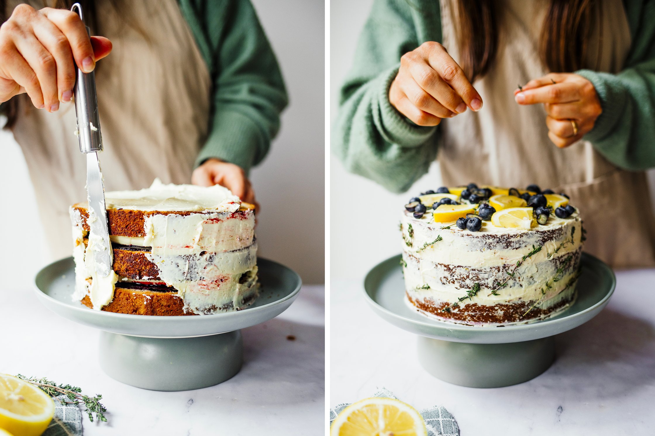 veganer Naked Cake wird mit Zitrone und Thymian dekoriert