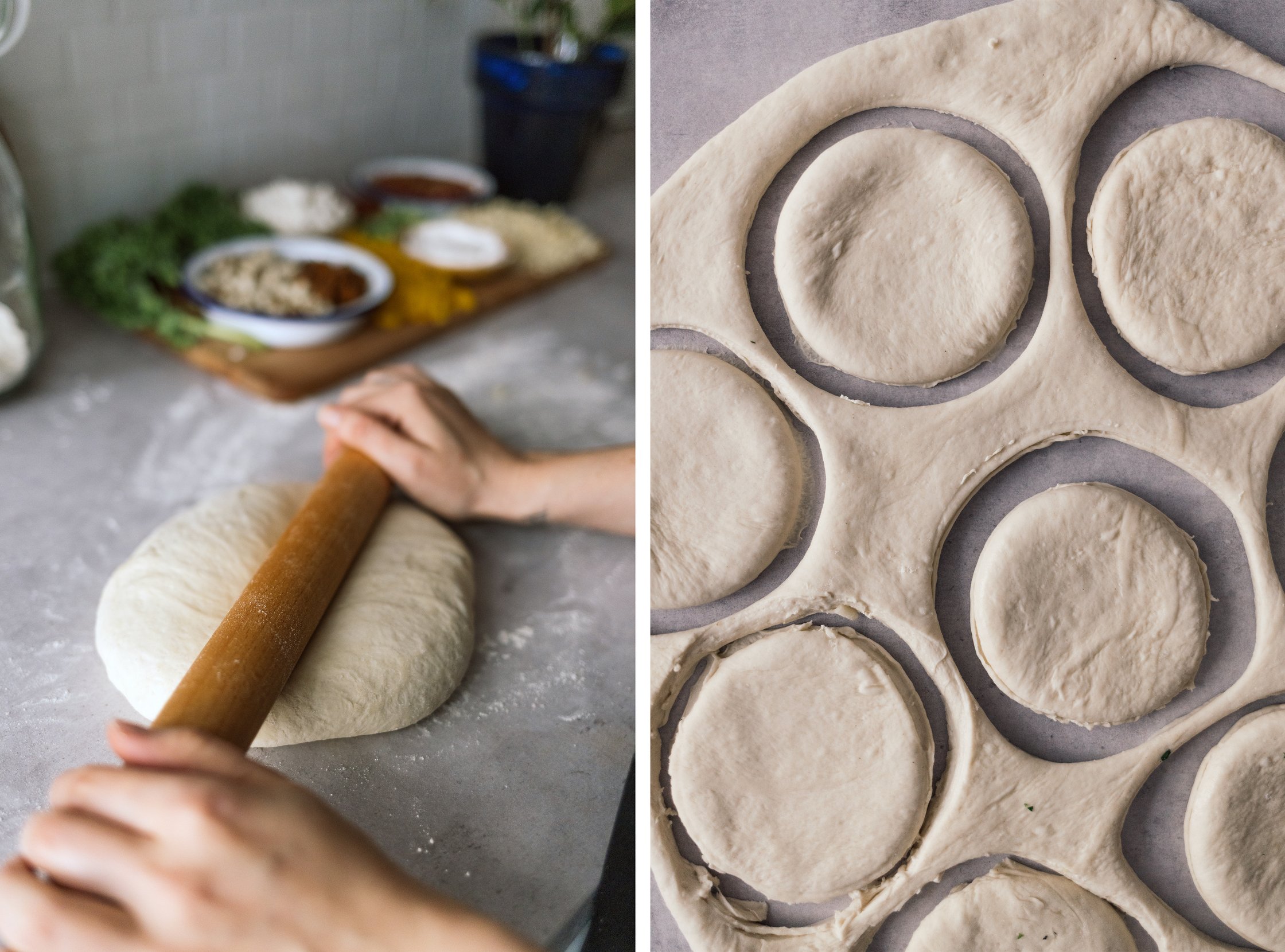 rolling out dough for vegan pizza donuts