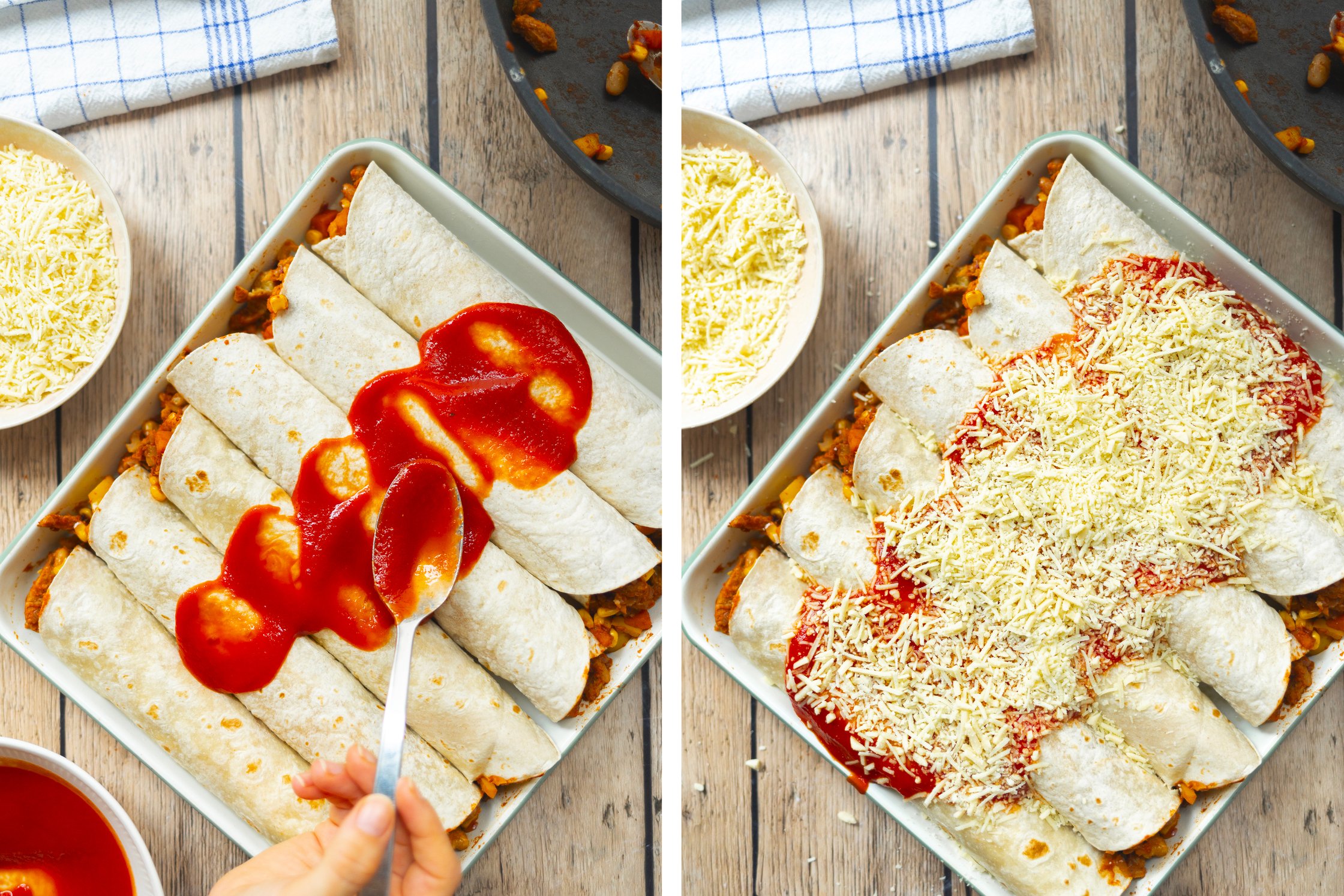 topping vegan enchiladas with tomato sauce and grated cheese