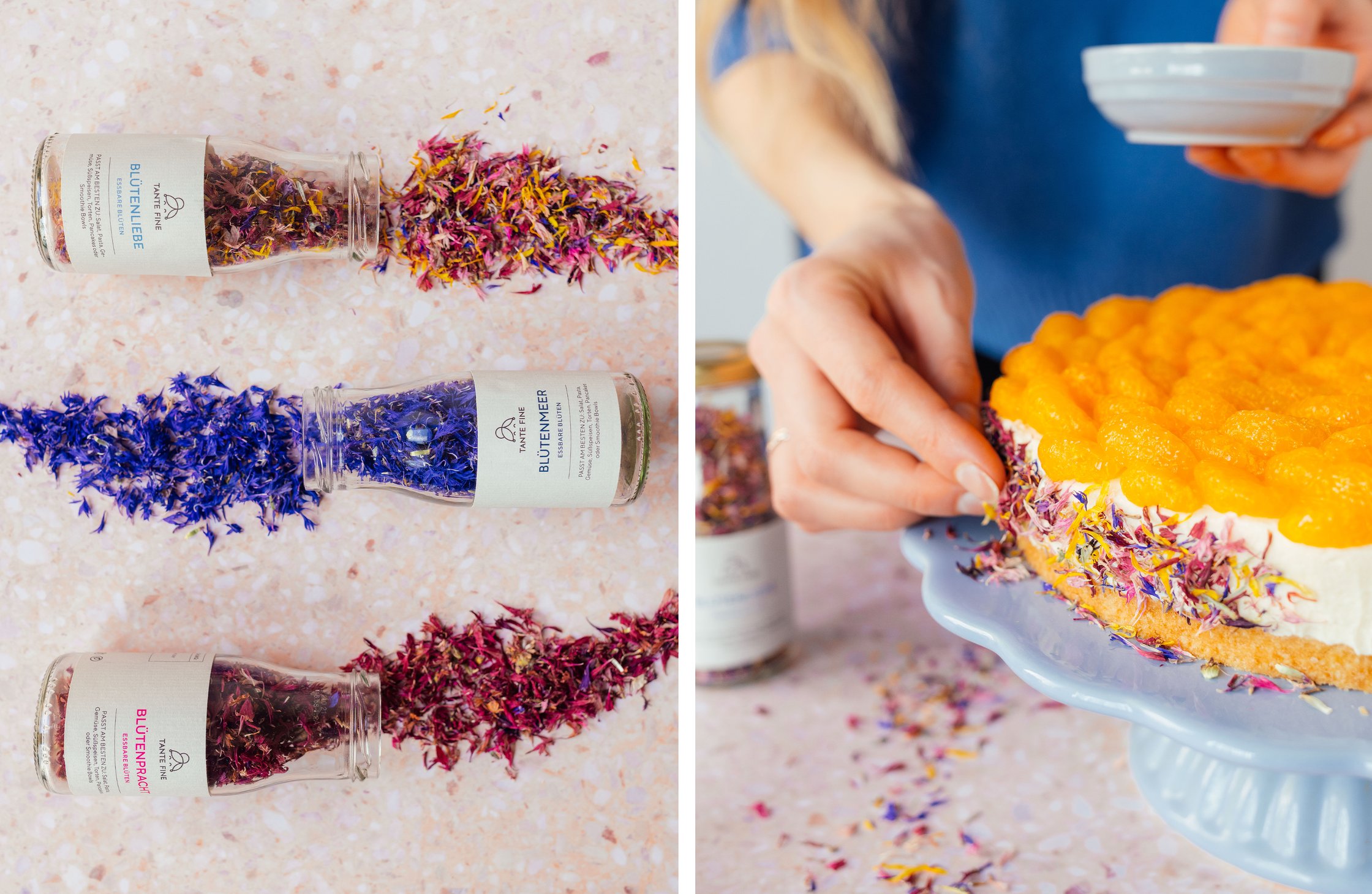 three types of edible flowers from the jar; the cake is decorated with flowers around the edge