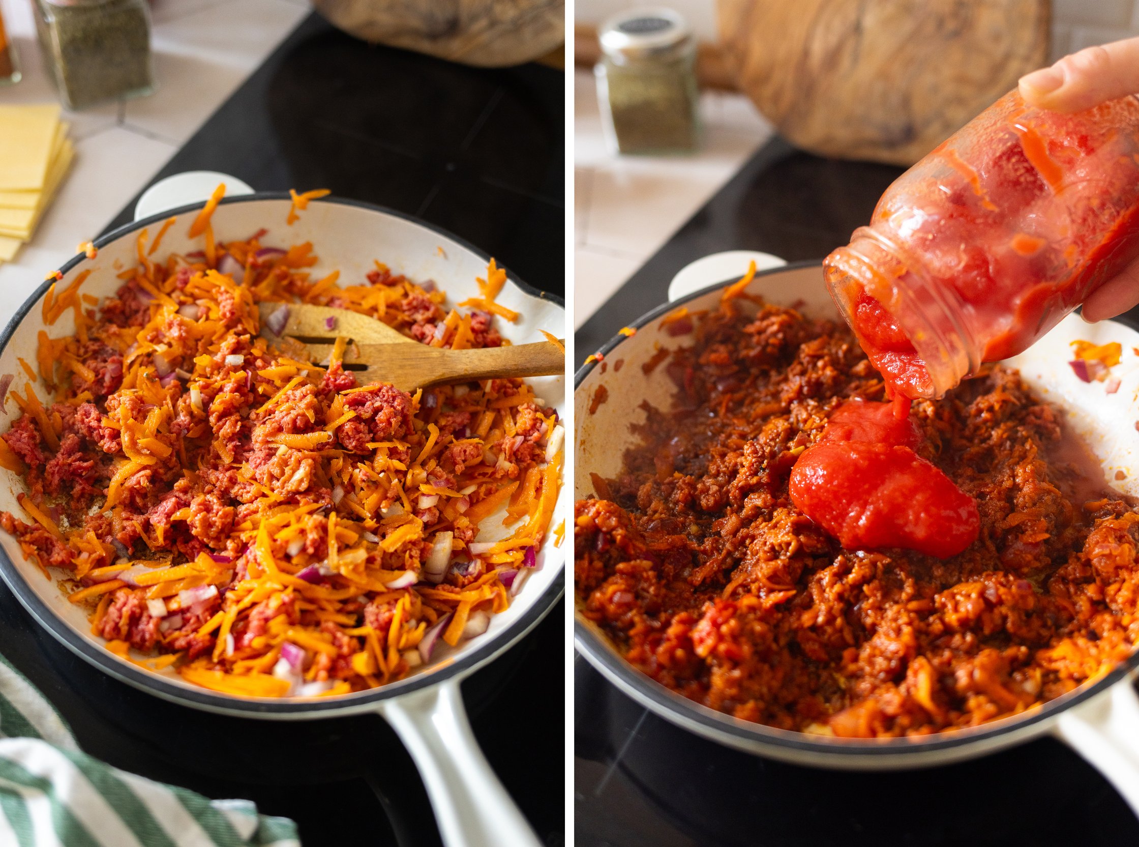 Herstellung der veganen Hack-Soße.