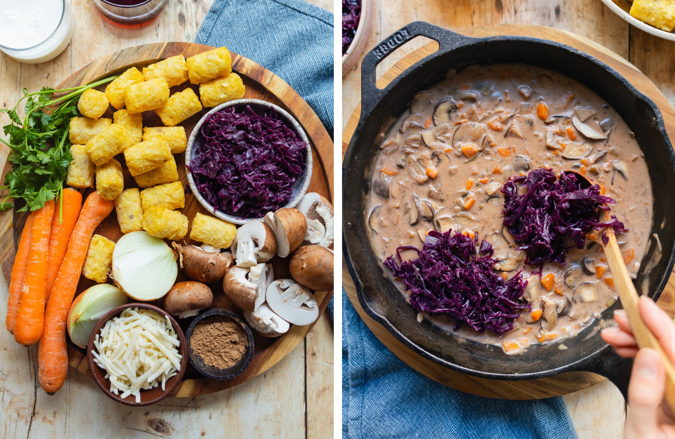 Zutaten für den Kroketten-Auflauf; Rotkohl wird auf Pilzsoße verteilt