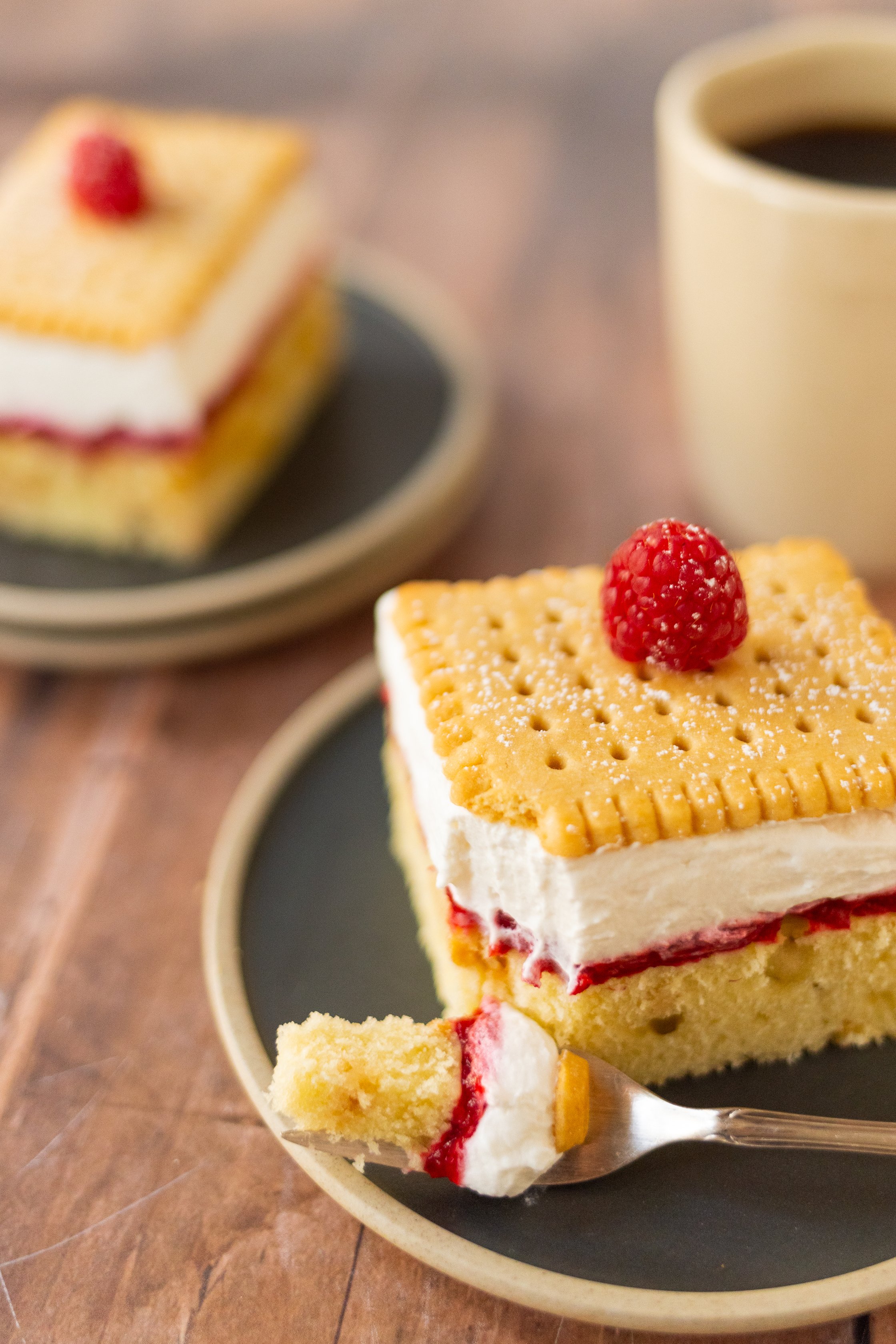 a piece of the raspberry shortbread cake and a cup of coffee