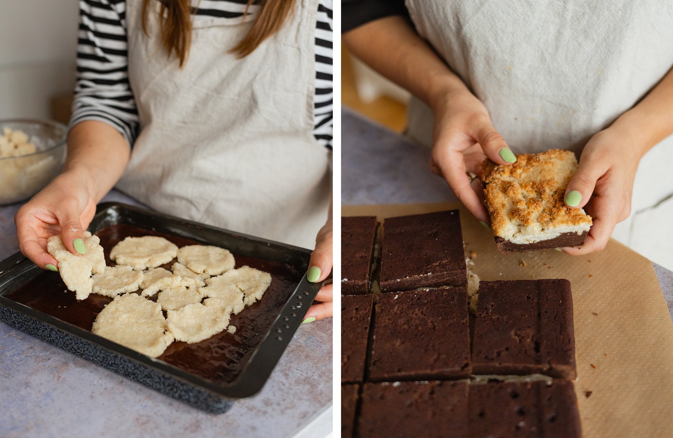 adding the doughs to a baking dish; brookies after baking and cutting
