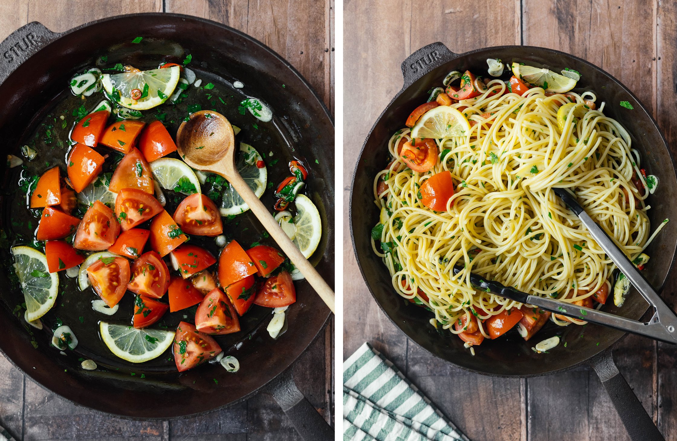Spaghetti Aglio et Olio mit Tomaten und Zitronen in einer Pfanne zubereiten