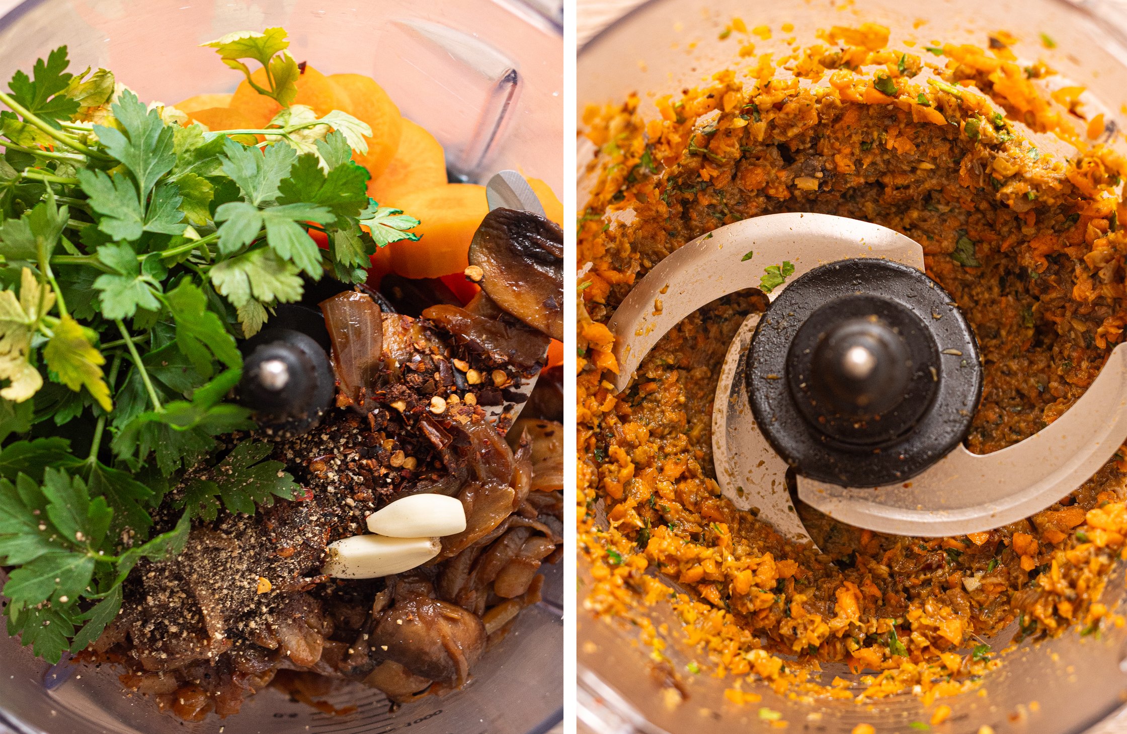 Two-part image - ingredients in the blender before and after chopping.