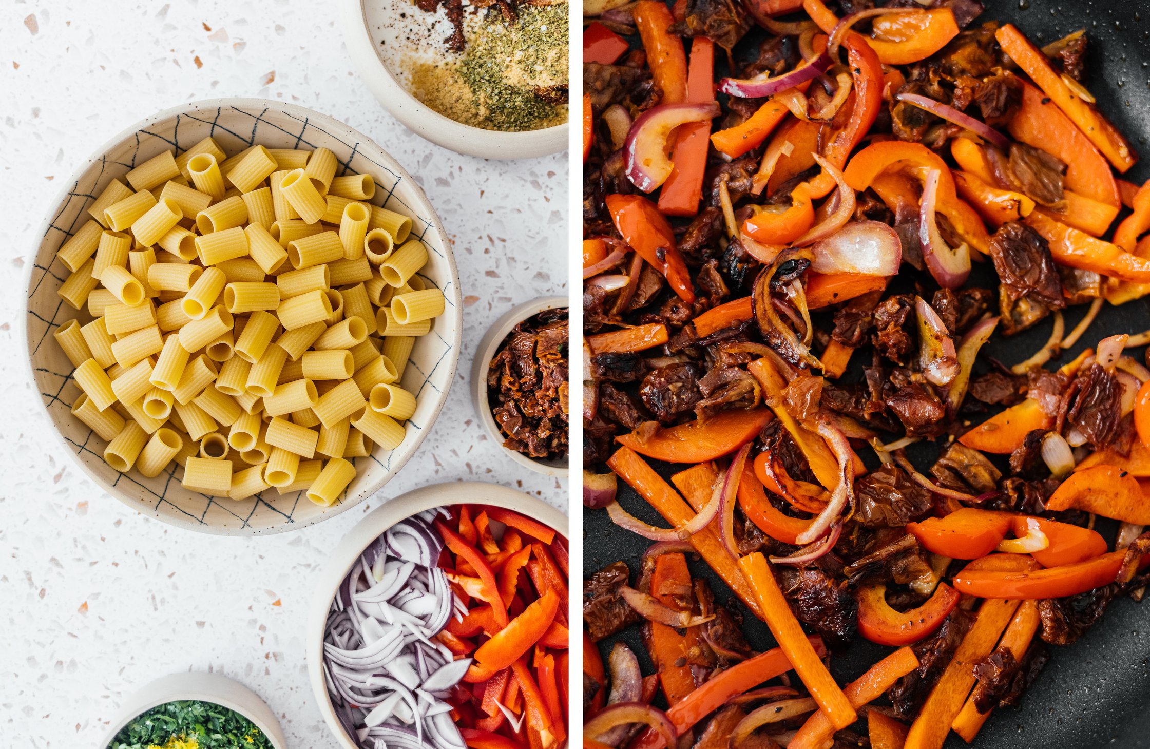 ingredients for vegan chorizo pasta; vegetables in a pan
