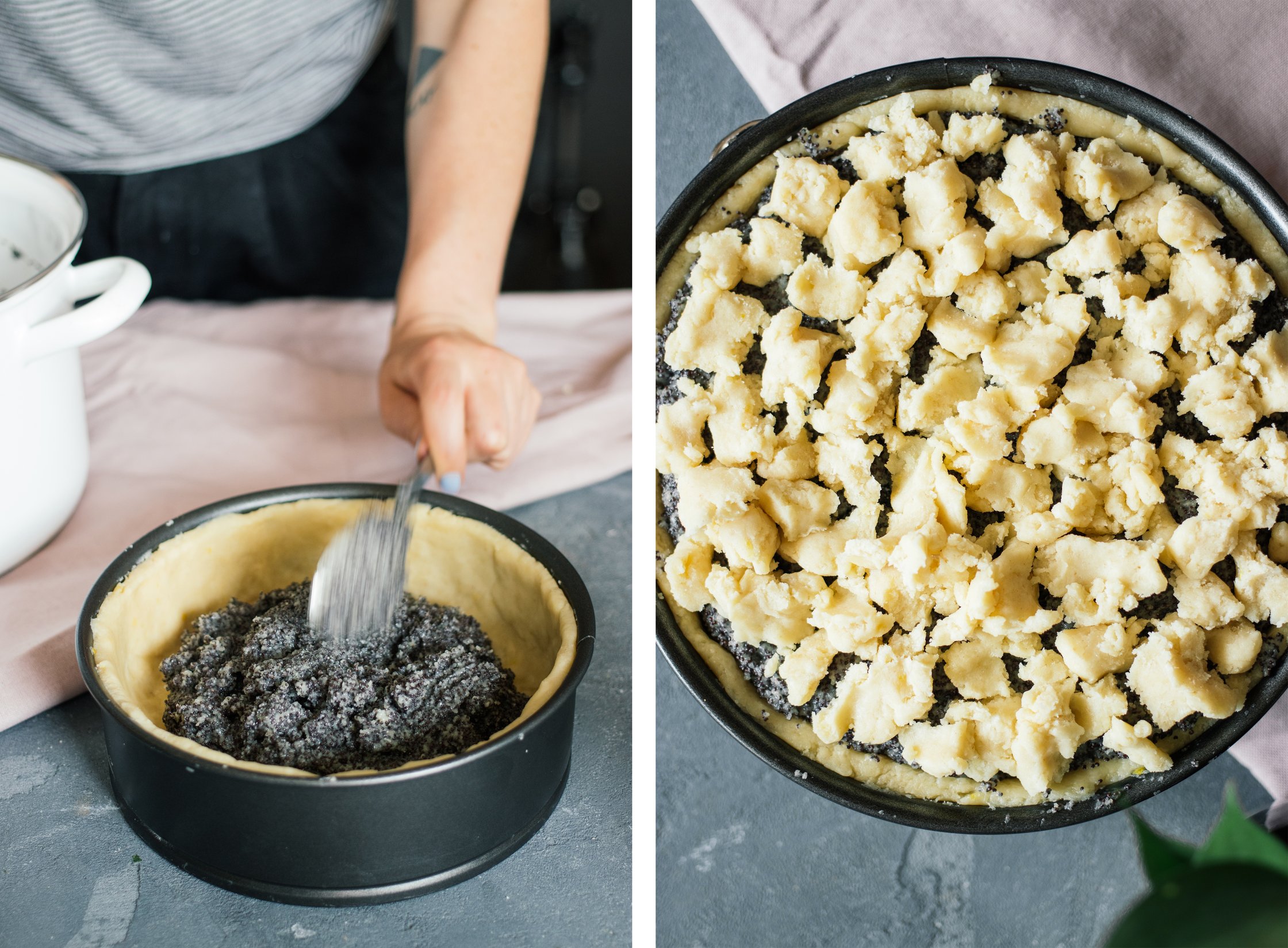 filling crust with poppy seed filling and add crumbles on top