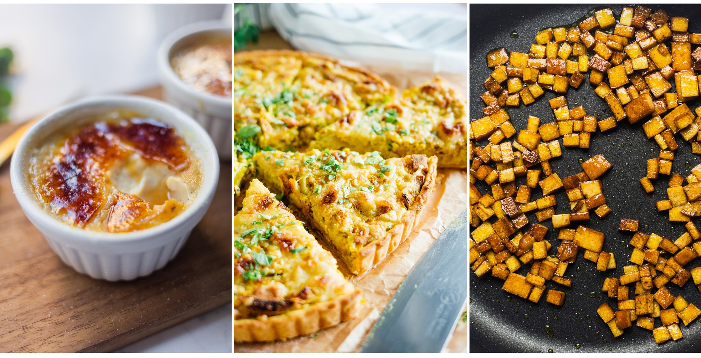 3 Rezeptfotos: vegane Crème Brûlée, vegane Quiche Lorraine, veganer Räuchertofu