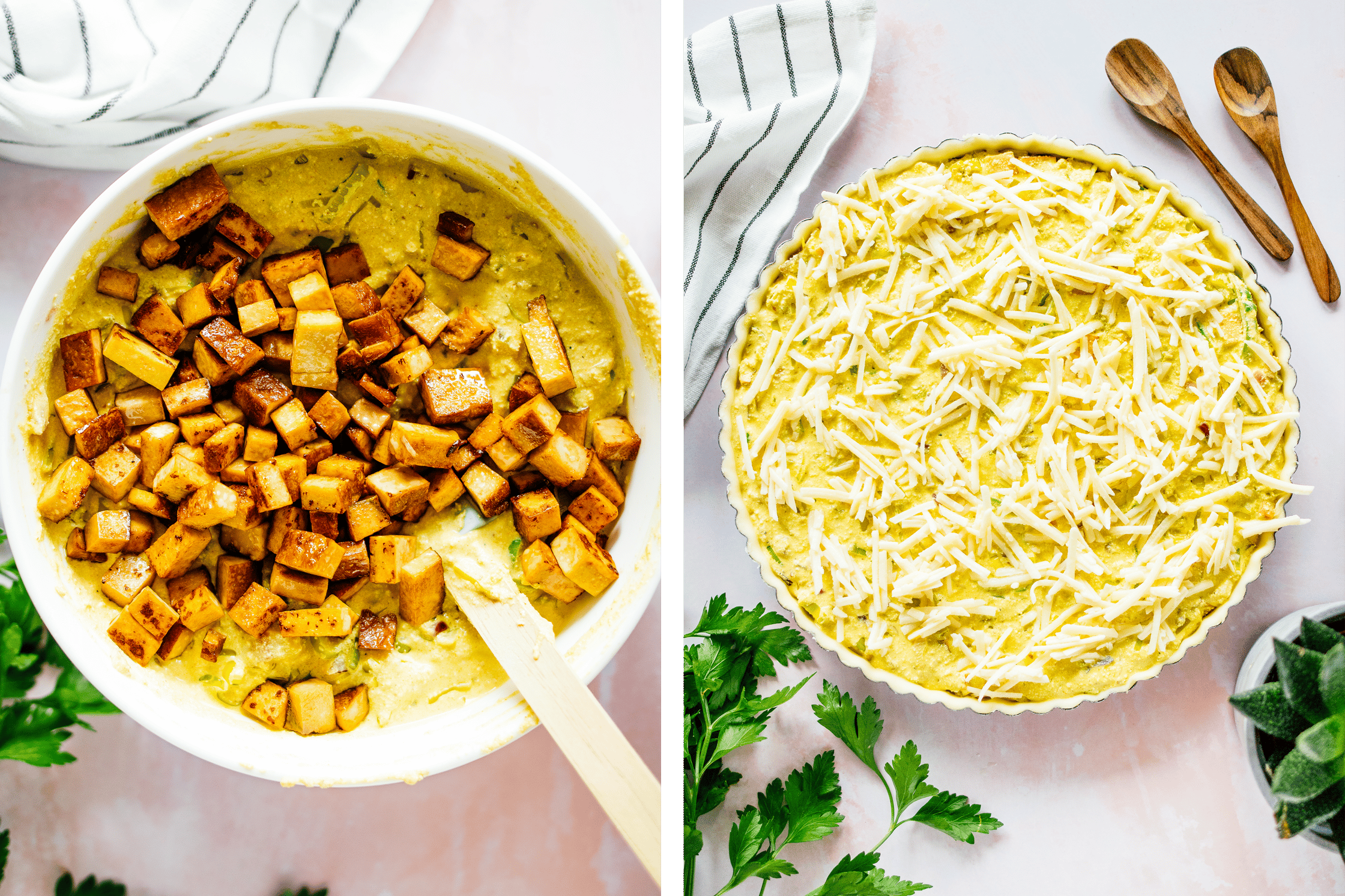 fried tofu added to the quiche filling